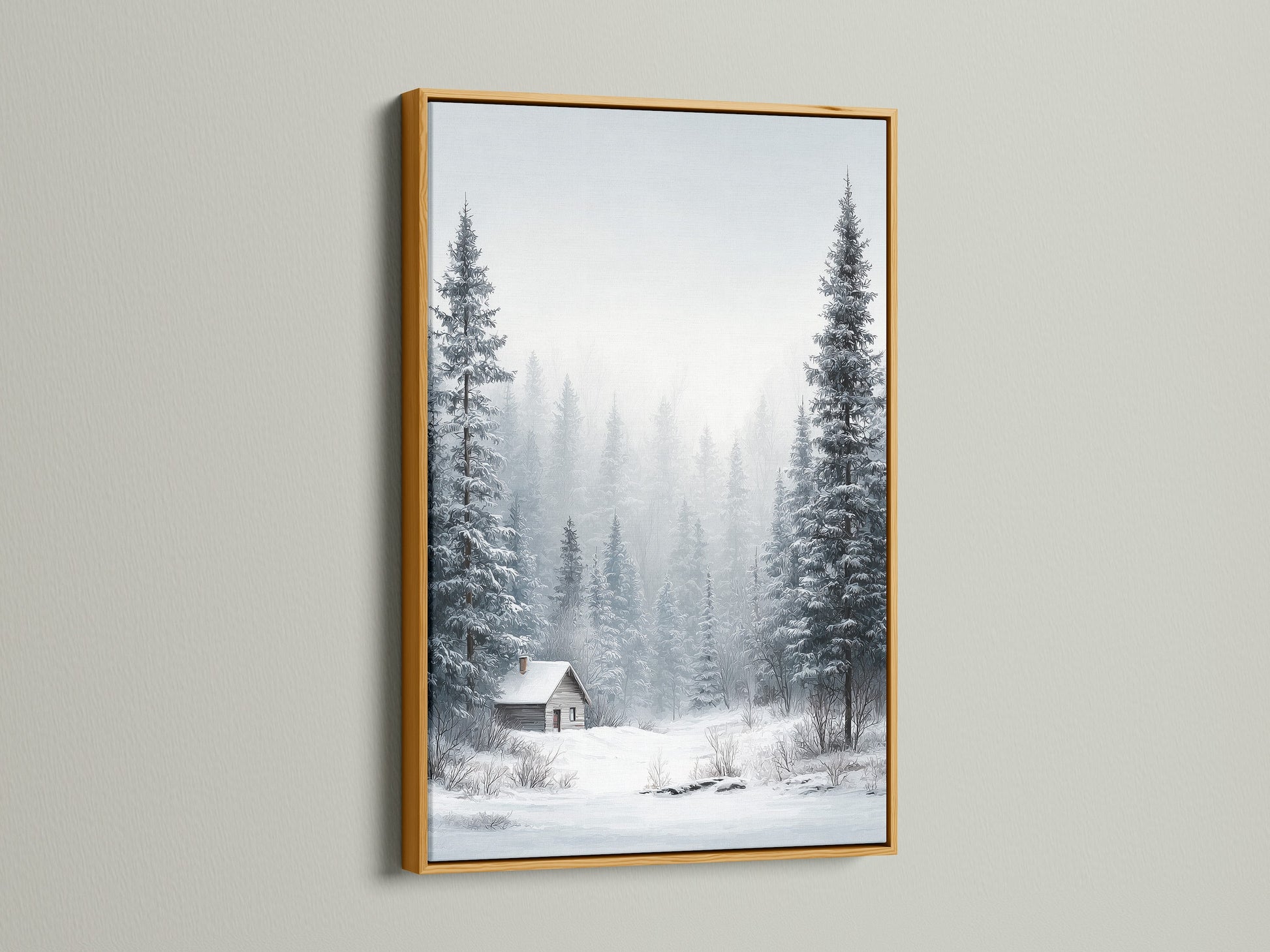 Winter Forest artwork in a gold frame. The art features a snow landscape with pine trees. A cozy cabin adds a touch of warmth. This framed art brings elegance to any room. Perfect for rustic and primitive styles.