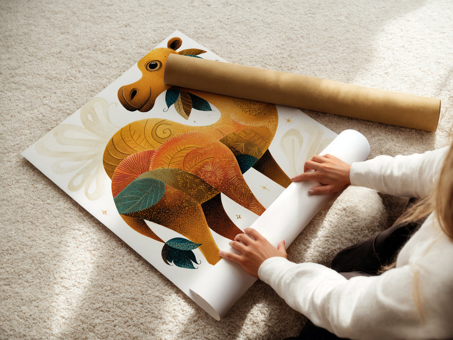 A woman carefully rolling a fine art poster paper. High quality paper ensures vibrant colors and longevity. Preserve your artwork with premium fine art poster paper. Order yours today for lasting beauty.