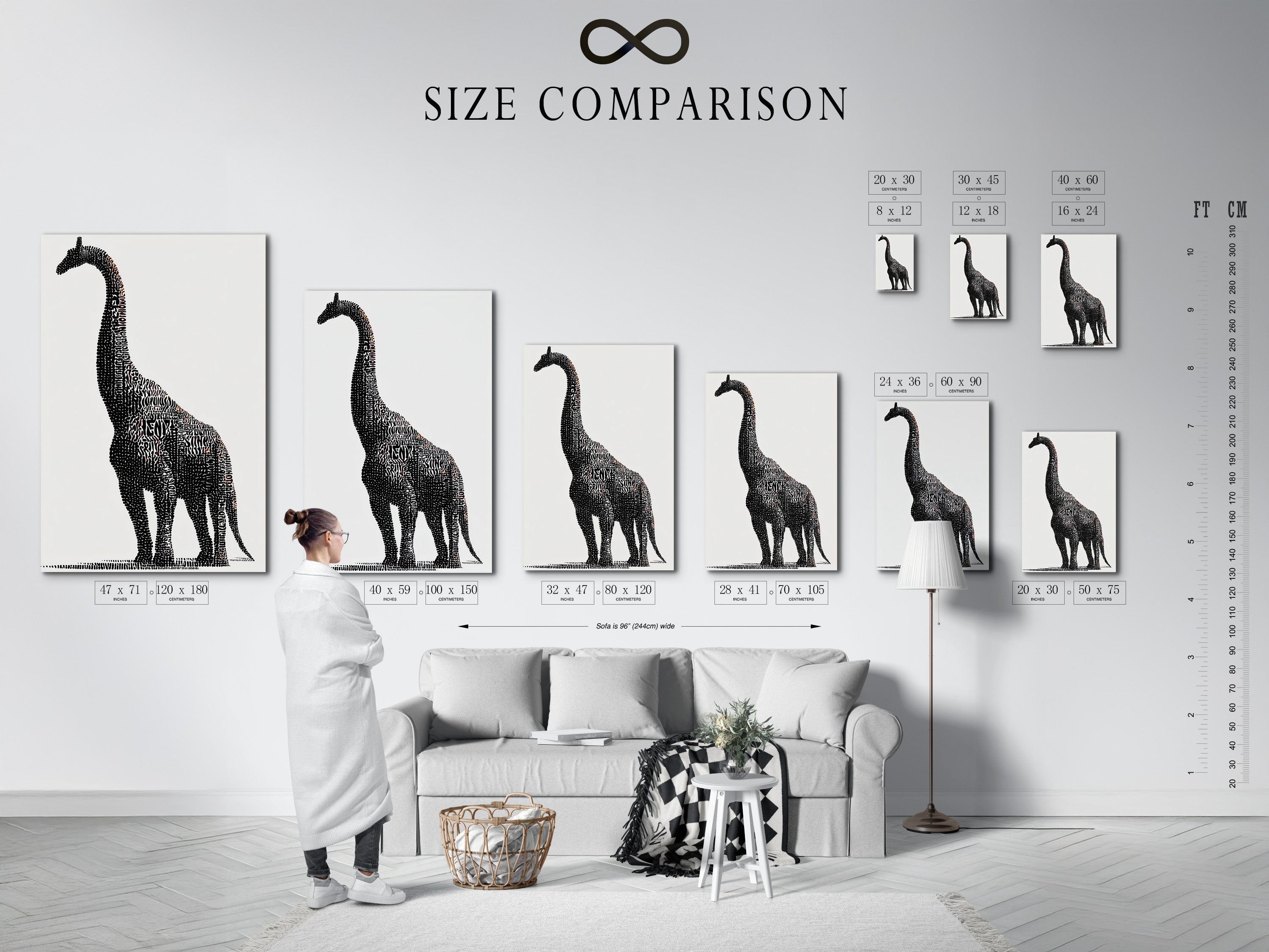 A size comparison chart is displayed in a styled interior. The chart shows the various sizes available for the dinosaur typography artwork. The Brontosaurus word art canvas print offers options for any kids room. Find the perfect fit for your nursery or playroom wall decor needs.