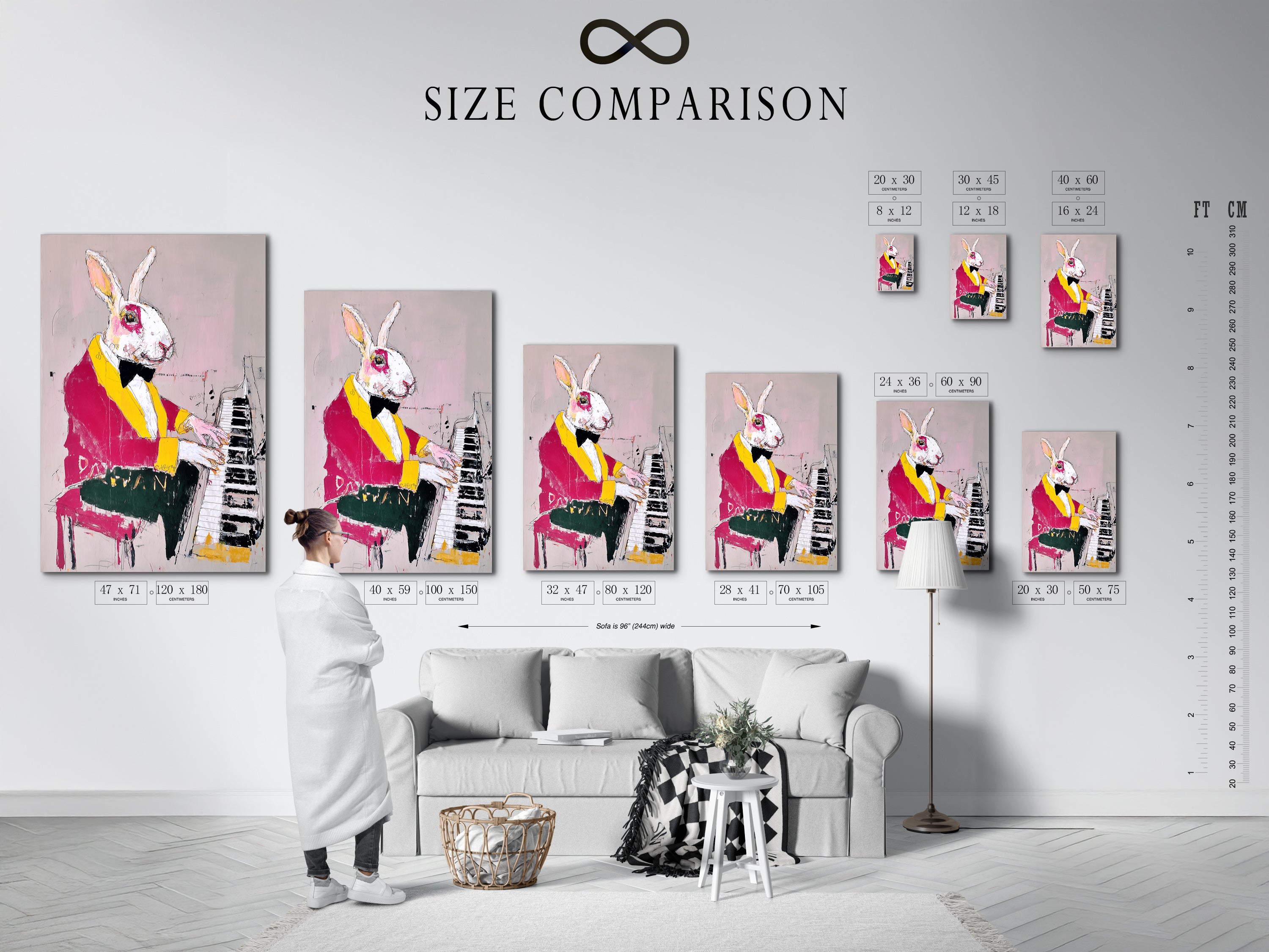 Size comparison chart in an interior setting featuring the Rabbit Pianist artwork. Visualize how this whimsical wall art fits in your space. See the different sizes available for the contemporary mixed media canvas. Find the perfect fit.