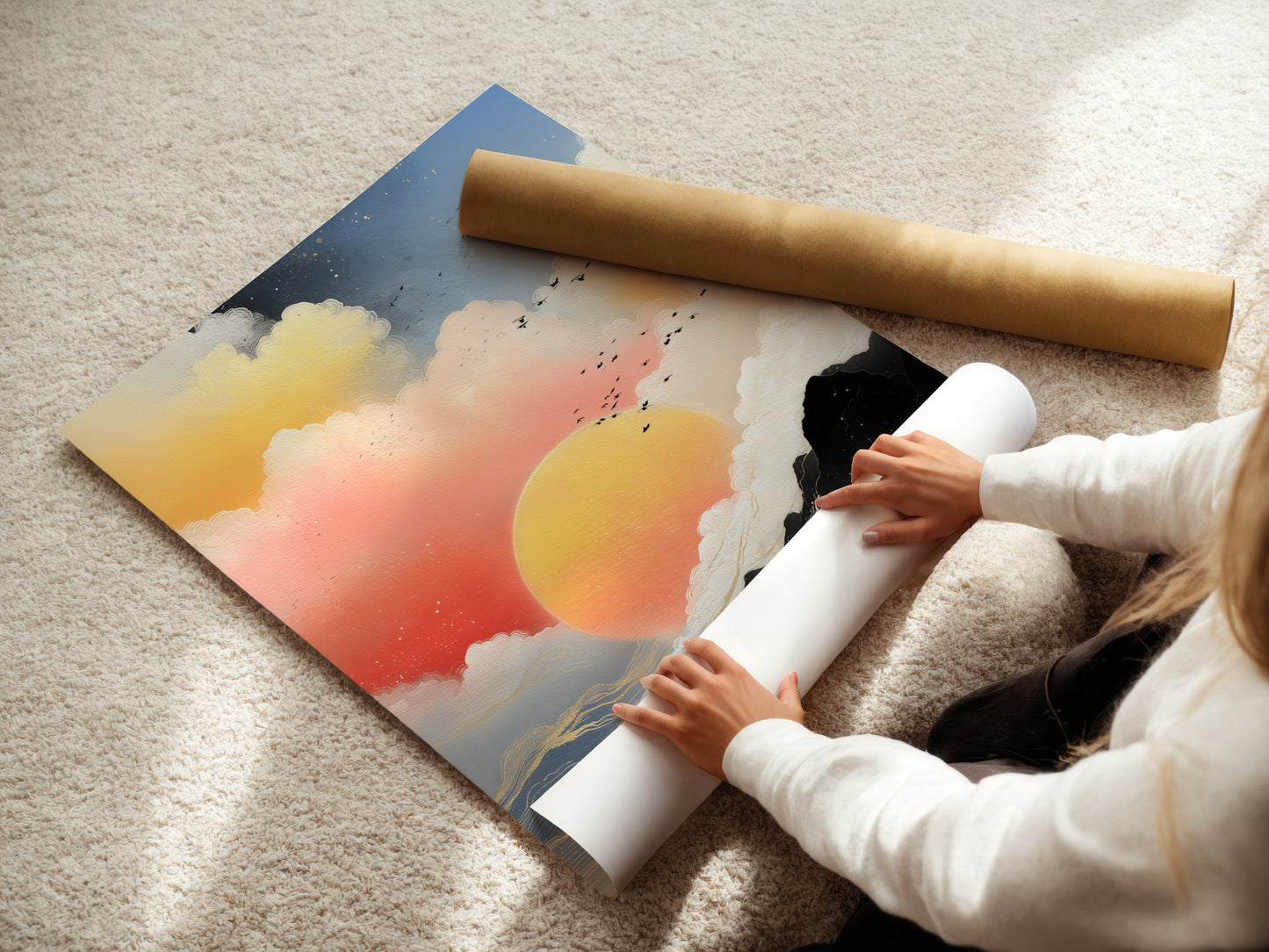 A woman rolls a fine art poster paper of Sunrise Seascape. The coastal artwork showcases an abstract cloudscape. Peach and teal hues create a serene ambiance. Discover high-quality art prints.