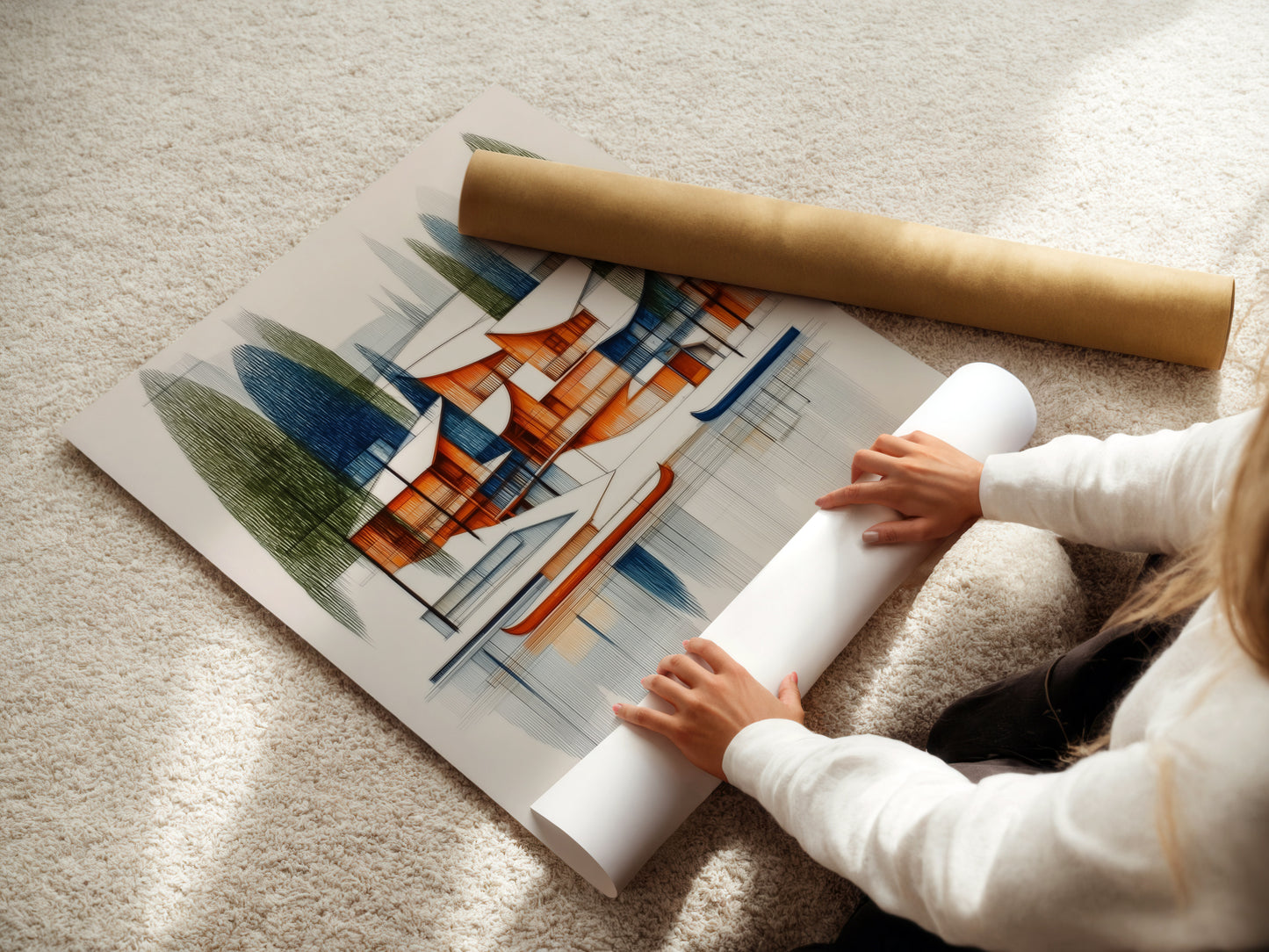 A woman carefully rolls a fine art poster paper. The architectural lake house art is printed on high-quality material. This ensures vibrant colors and lasting beauty. Perfect for art collectors and enthusiasts.