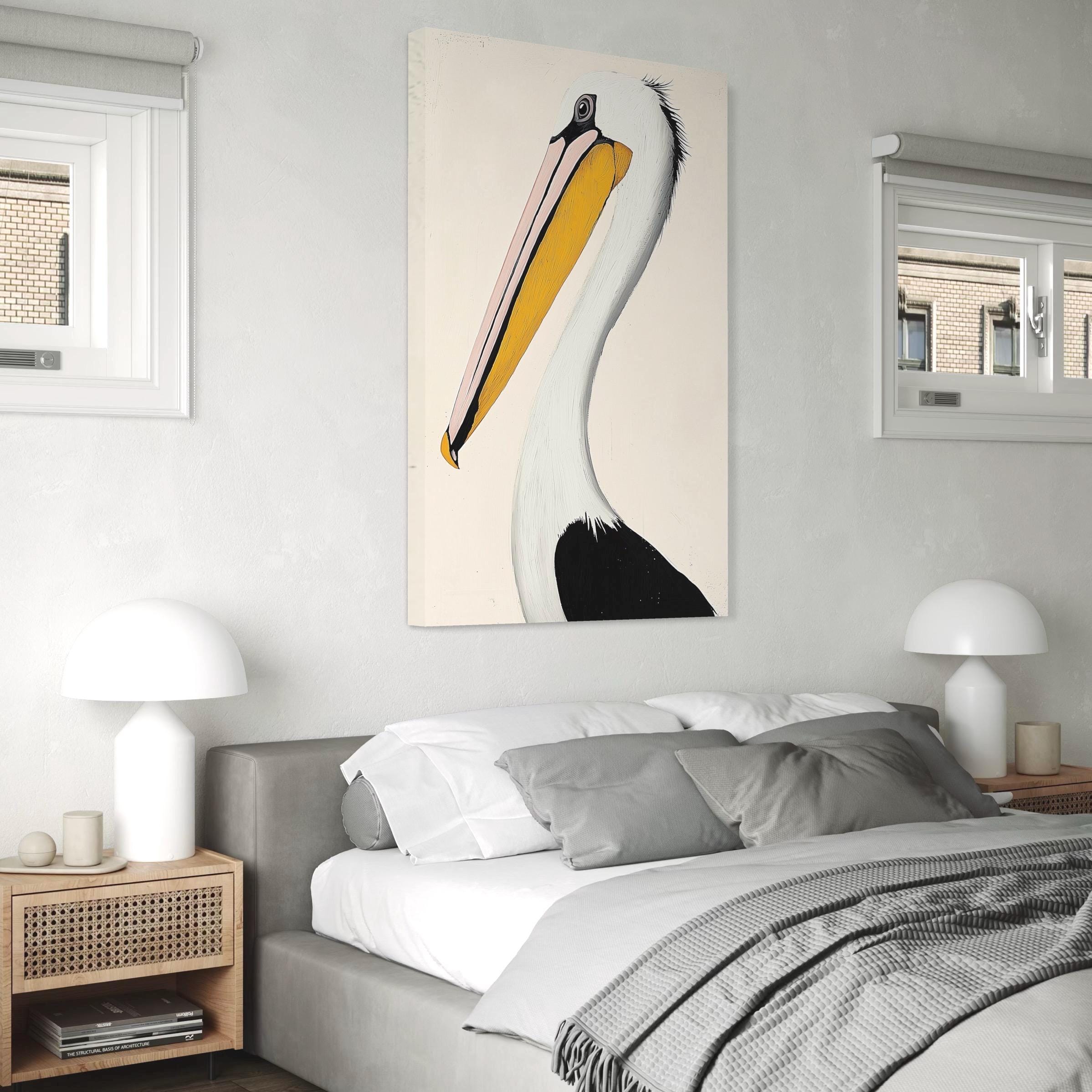Arte mural abstracto de pelícano: lienzo costero, impresión minimalista de aves, pintura moderna de aves marinas, arte abstracto de pelícano grande, obra de arte náutico