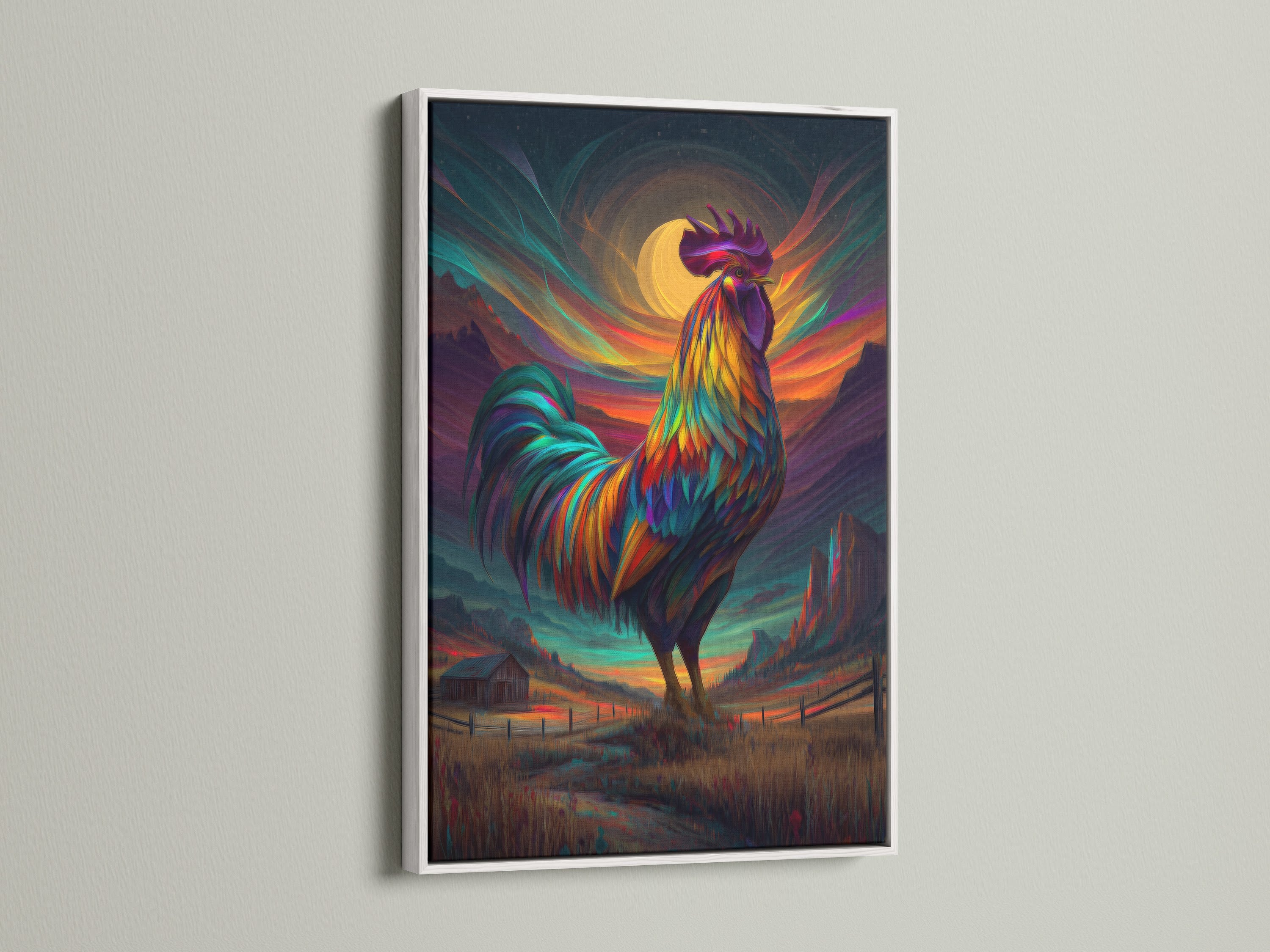 A stunning rooster artwork is showcased in a white frame. This farm animal print will brighten any room. The colorful rooster art complements farmhouse and eclectic styles. Ideal for adding a touch of country charm to your home or restaurant.