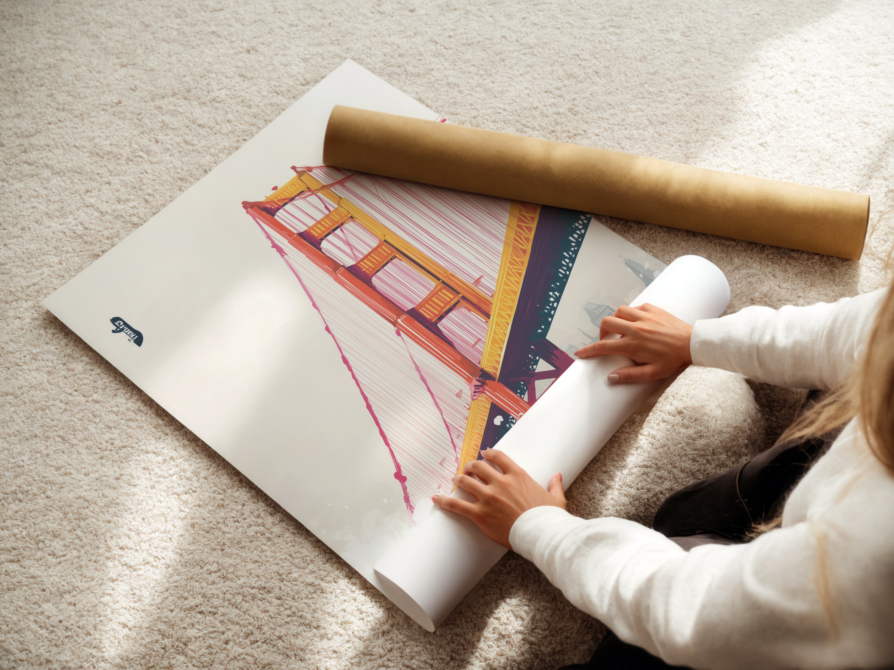 A woman carefully rolls a fine art poster paper for shipping. This high-quality paper ensures your San Francisco art arrives in pristine condition. We take great care in packaging your City Landmark artwork.