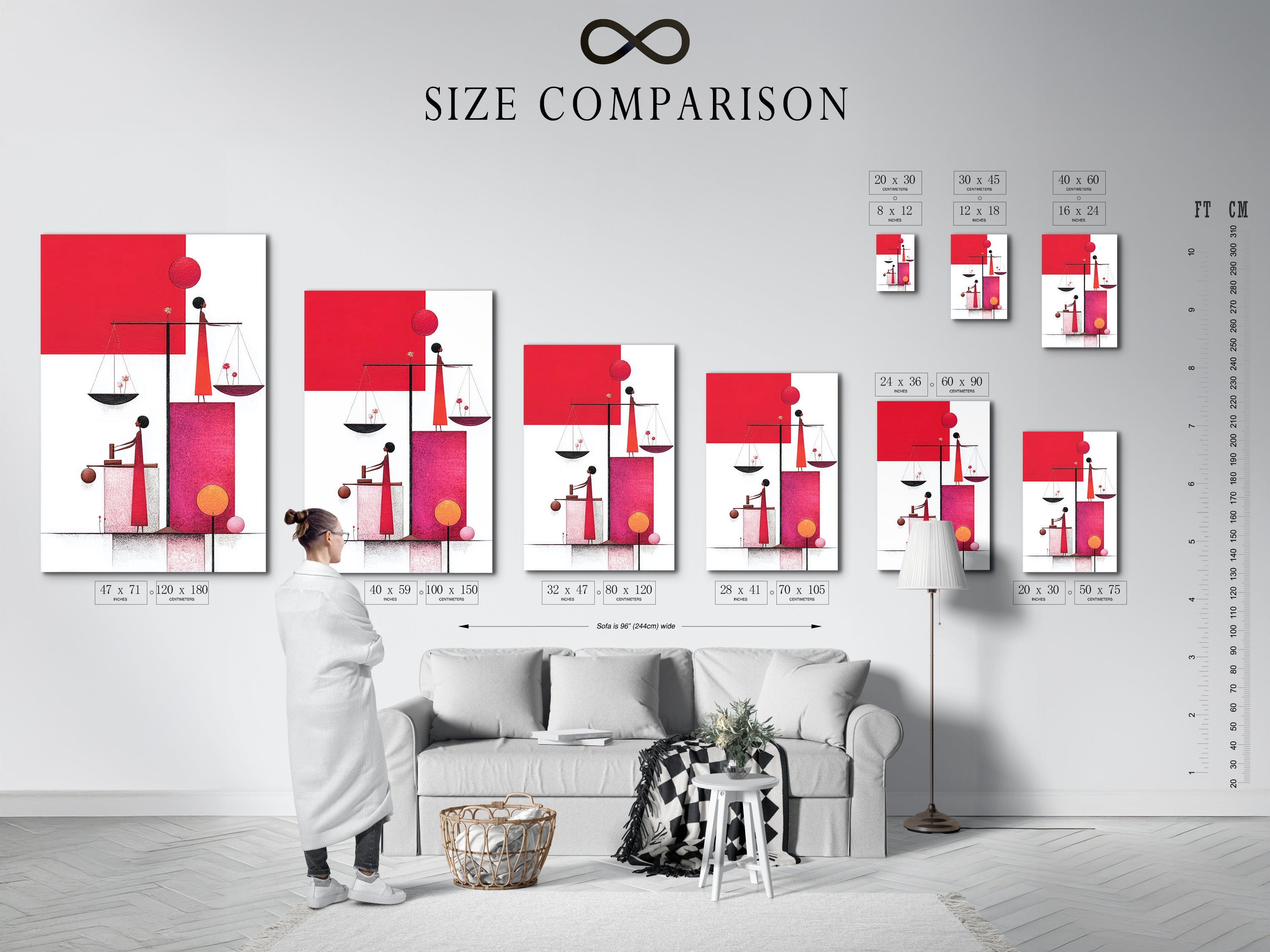 Size comparison chart displaying the Justice Scales artwork in an interior setting. See how this piece fits in different spaces. The artwork's red and pink tones complement various decor styles. It enhances any room