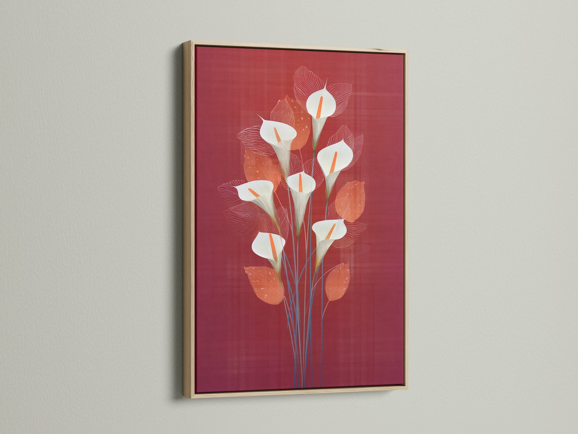 A close-up view of the calla lily artwork in an oak frame. The oak frame adds a natural touch to this botanical print. Perfect for homeowners seeking floral wall art. Elevate your living space with framed flower art.