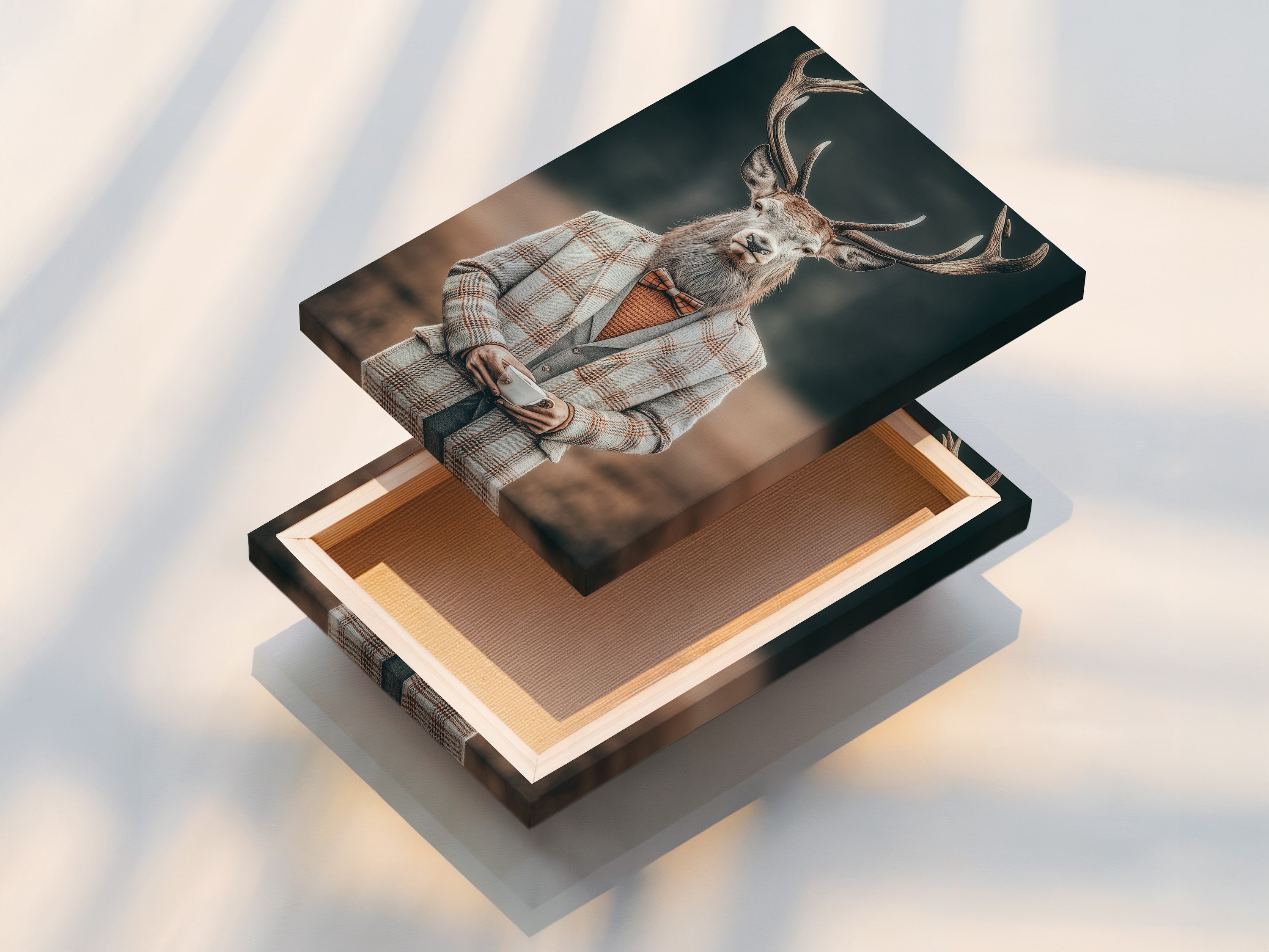 A stretched canvas print of the Gentleman Deer. This animal portrait art is ready to hang. Vintage wall art that adds charm to any room. The quirky decor brings a touch of whimsy. Perfect for homeowners seeking distinctive wall art.