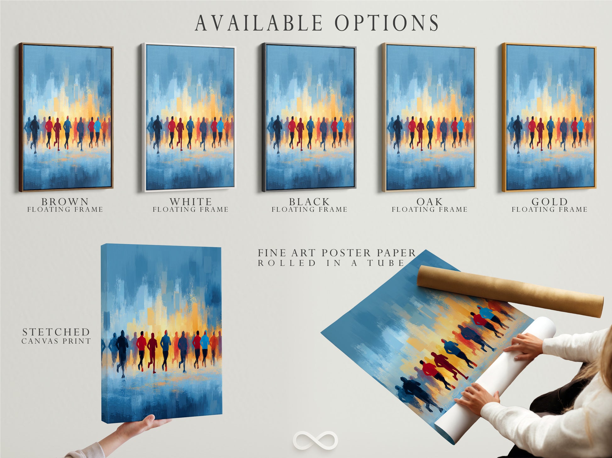 Explore available options for this abstract sports artwork featuring marathon runners. Choose from a stretched canvas print fine art poster paper or a floating frame. The blue and orange design is perfect for home gym decor. Customize your motivational wall art today.