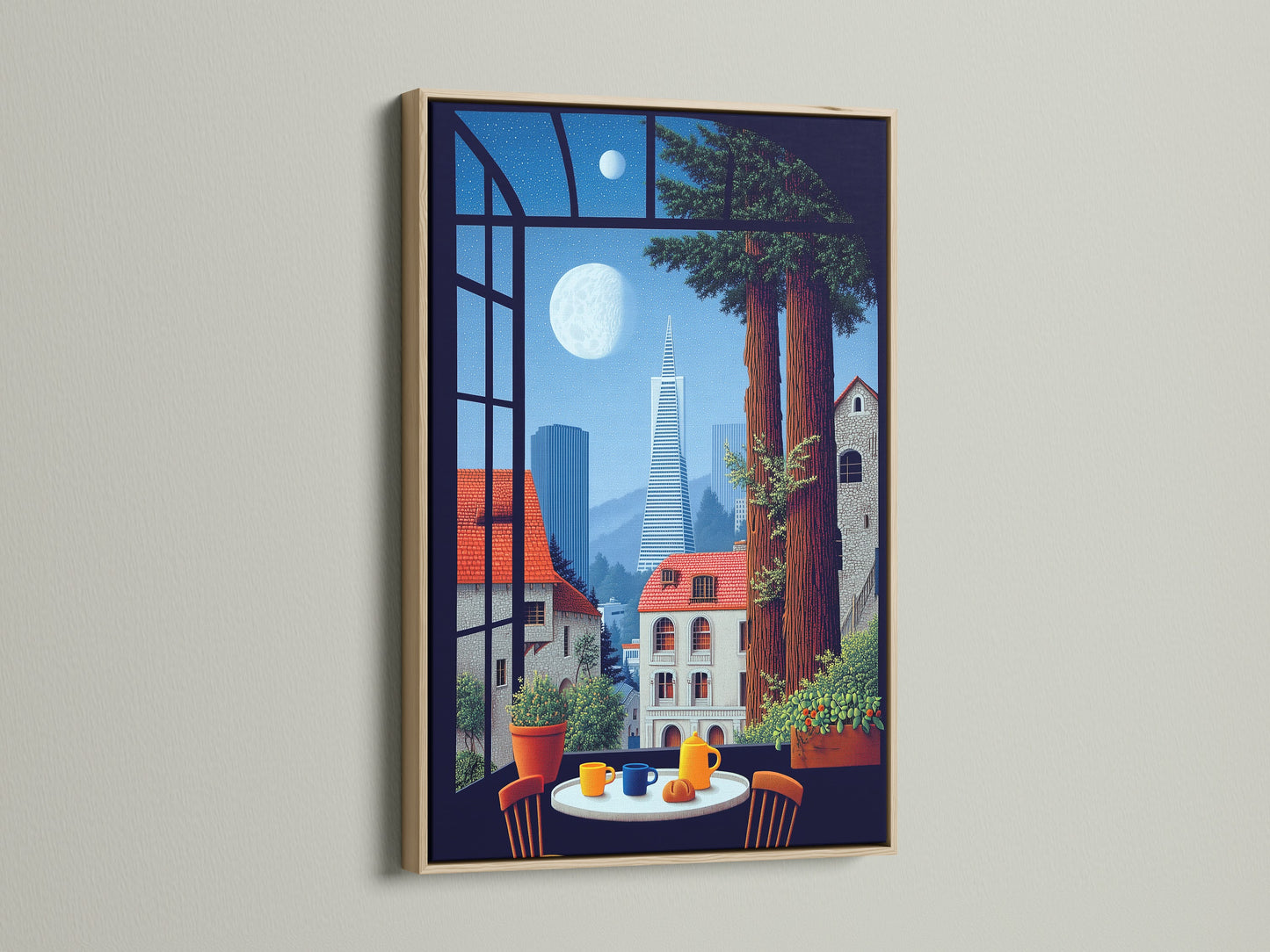 Framed cityscape artwork with an oak frame. The art shows a window view of San Francisco. This urban wall decor enhances any dining room. The city scene print brings California's charm to your home. It's modern canvas art.