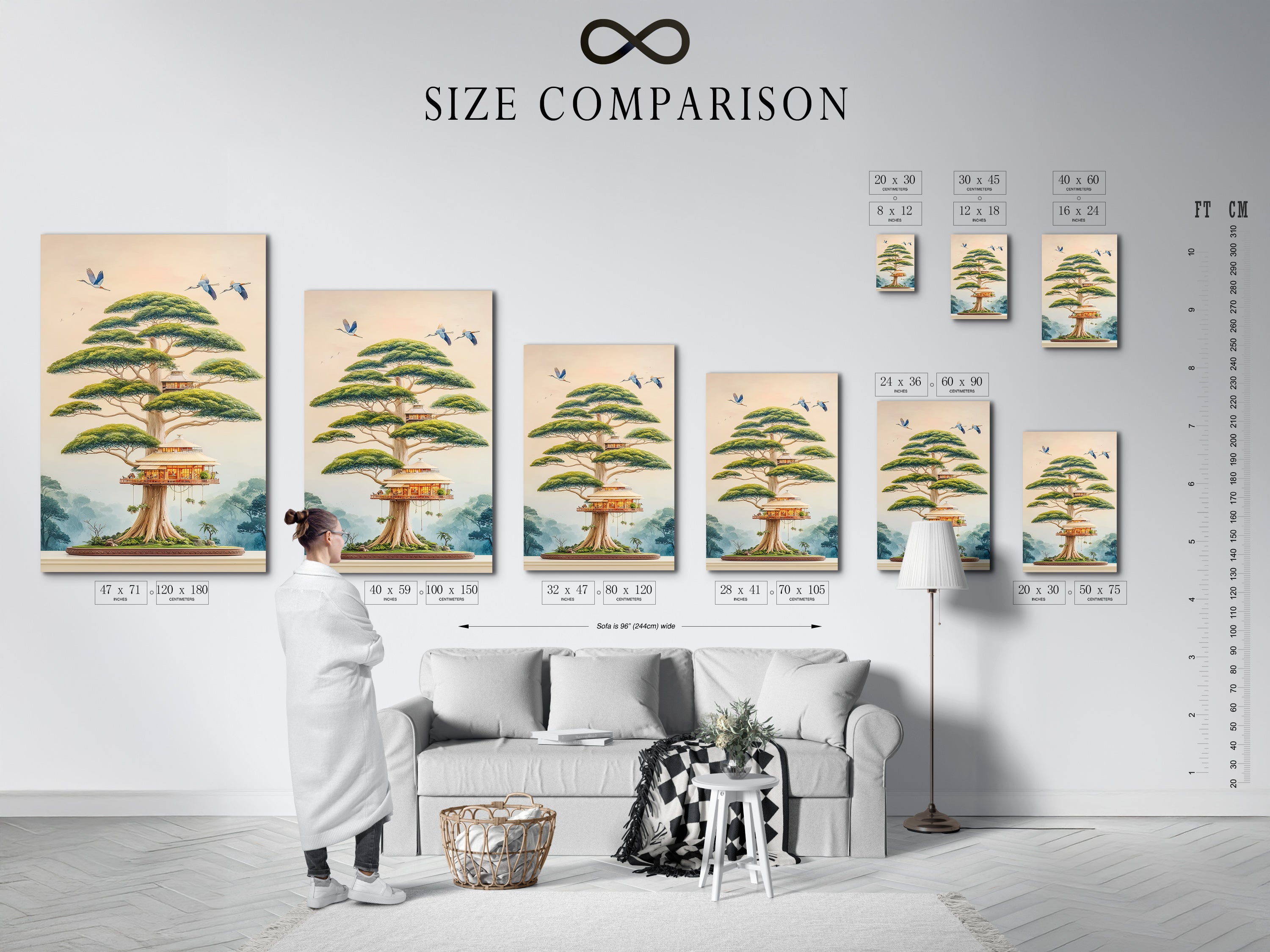 Visualize the perfect fit with our size comparison chart. It features the Japanese Bonsai Tree House art in an interior setting. Find the ideal size for your fantasy tree canvas print. Enhance your meditation room or nursery decor.