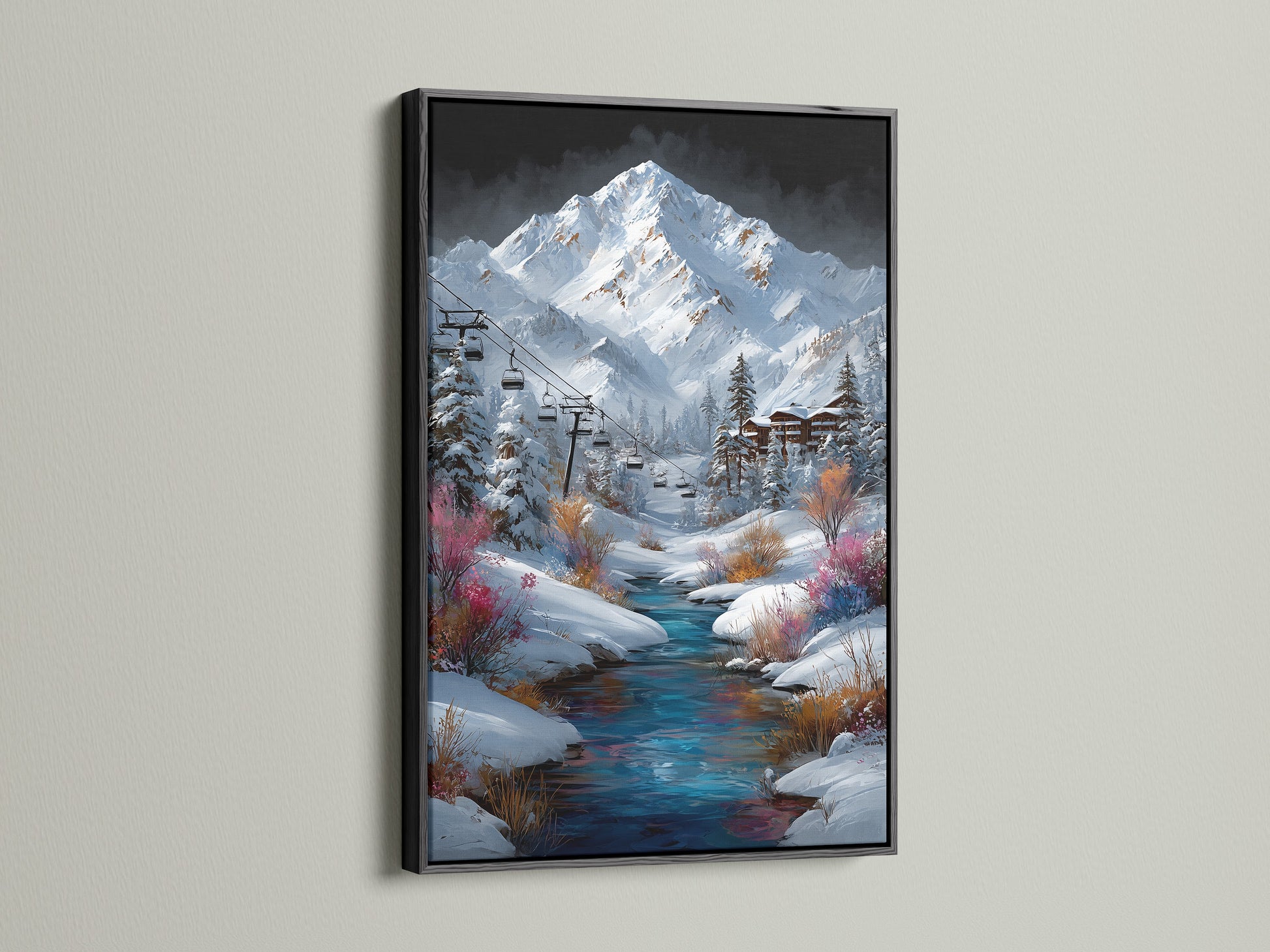 The black frame highlights a captivating winter mountain village art print. The alpine landscape features a ski lift and a clear stream. This artwork adds a touch of elegance to any ski lodge decor. The black frame creates a striking contrast with the snowy scene.