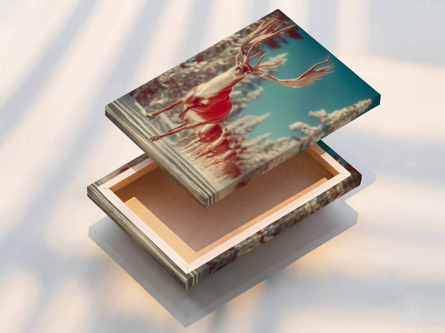 A stretched canvas print of the Winter Deer artwork is displayed. The canvas is stretched over a wooden frame ready to hang on your wall. This is a classic way to showcase your favorite animal print. It brings a touch of rustic charm to any space.