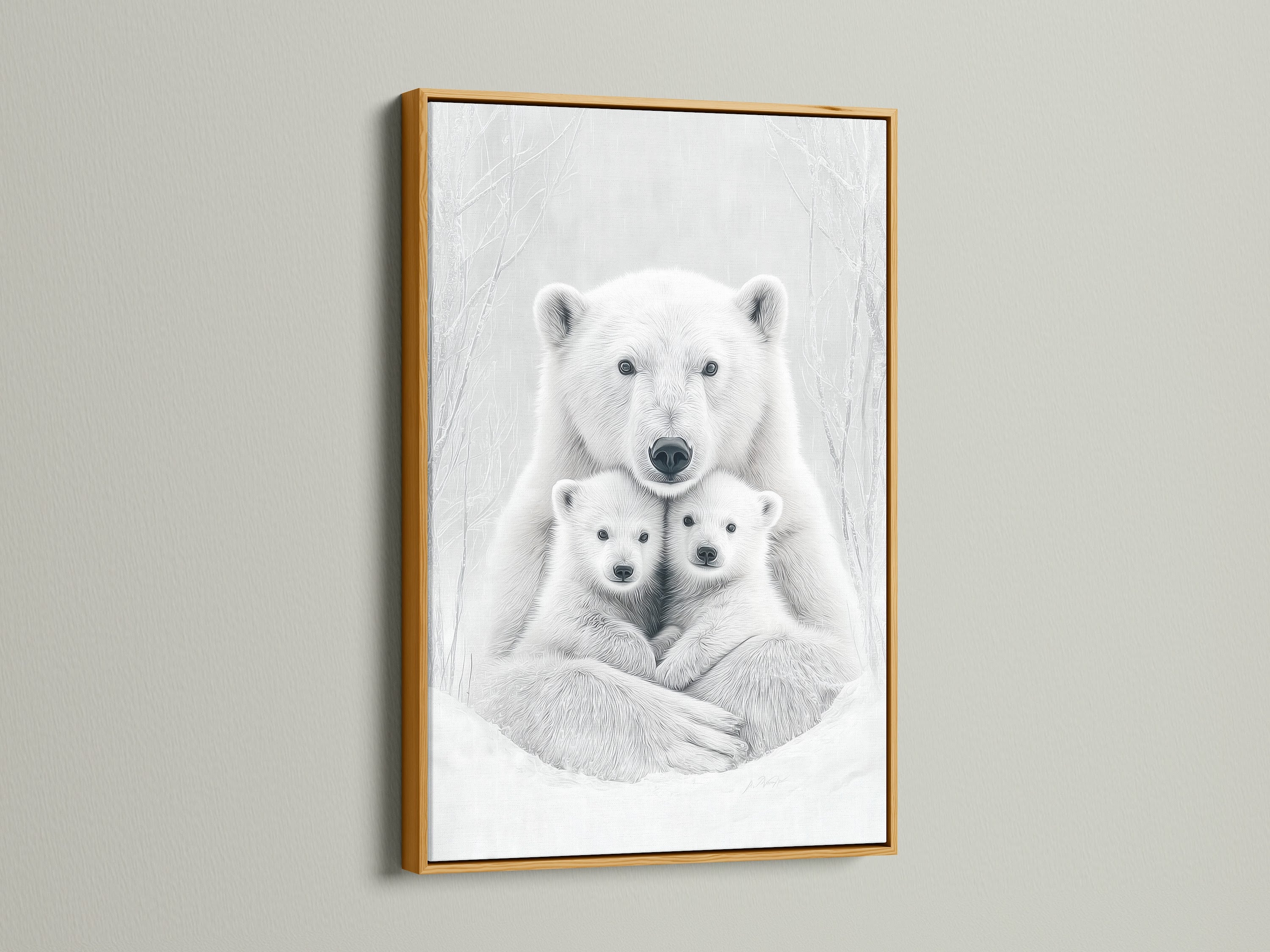 This gold frame accentuates the polar bear art. The monochrome animal canvas adds a touch of elegance. This bear family print makes a statement in any contemporary nursery or living space.