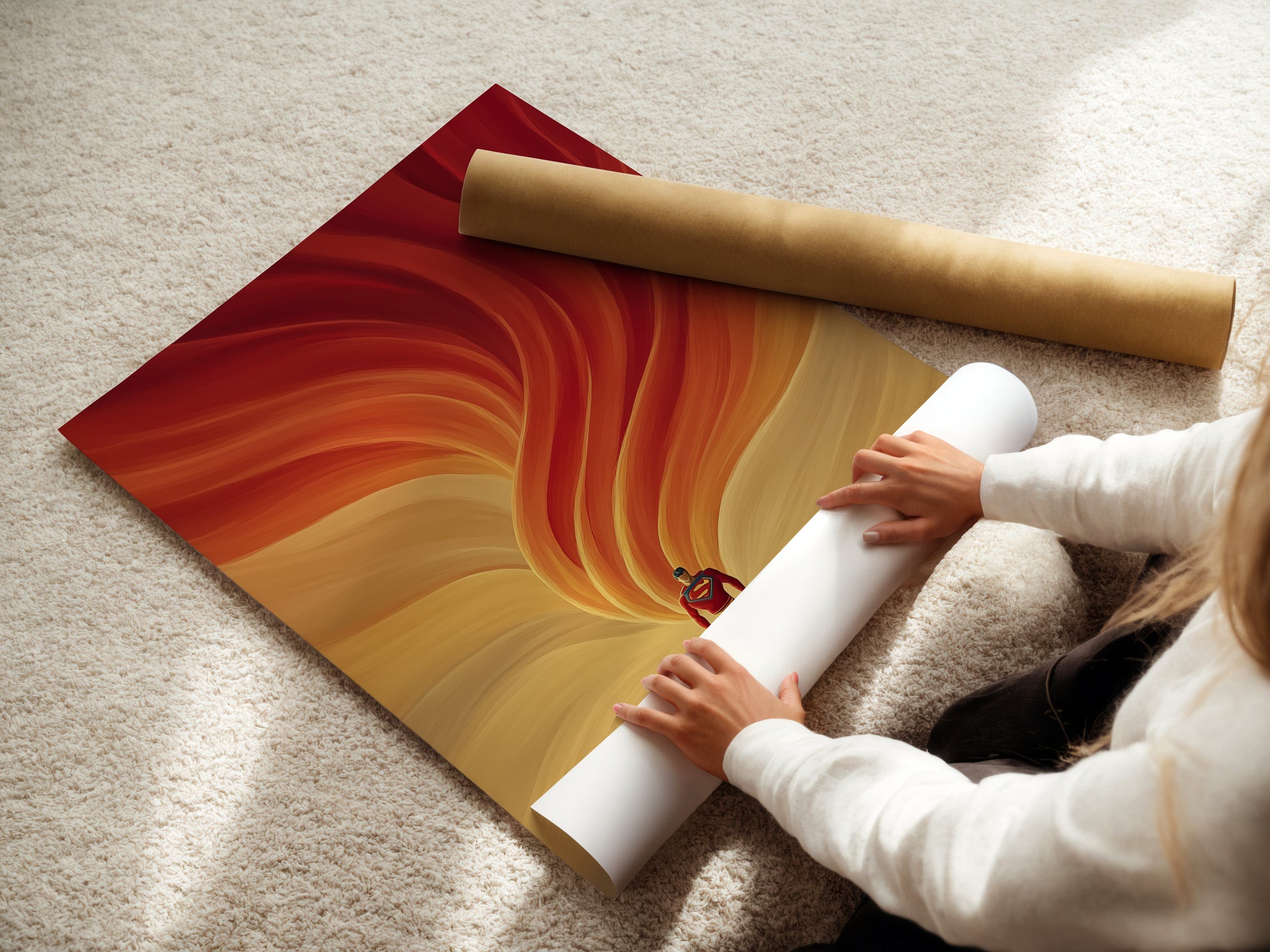A woman is carefully handling a fine art poster paper. She is preparing it for the Abstract Runner art print. This ensures a high-quality finish. Perfect for creating stunning warm color art. This adds a touch of contemporary style.