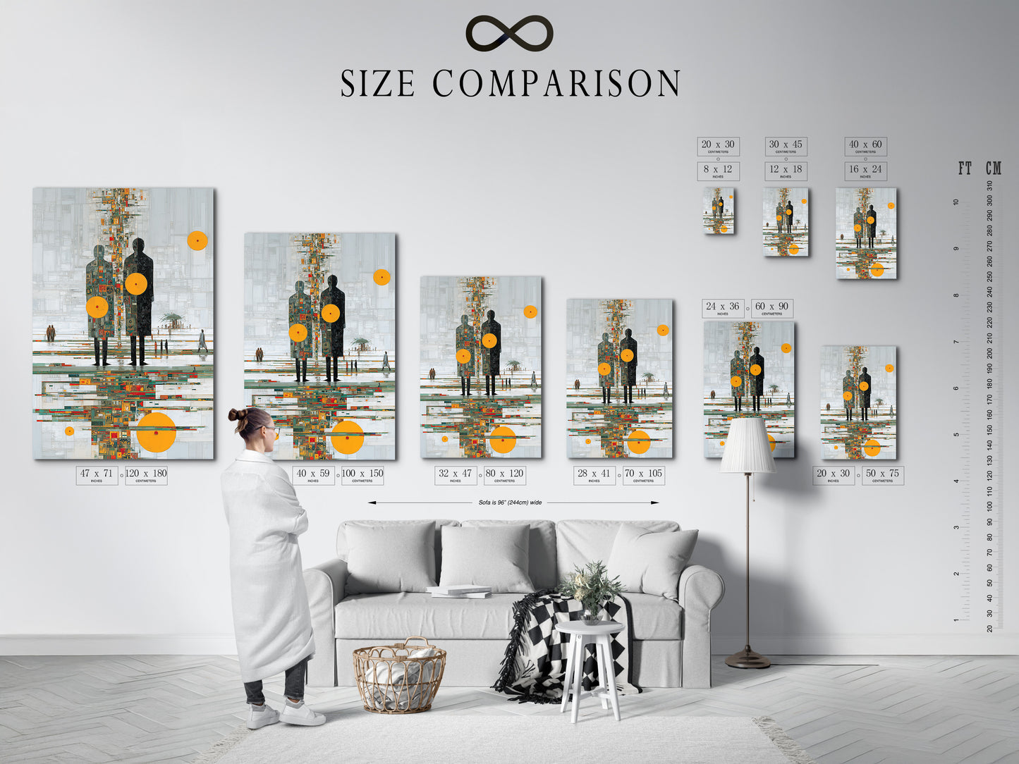 Size comparison chart in an interior setting. Featuring abstract human figures artwork with an orange circle. See how this contemporary canvas fits in different spaces. Perfect for planning your office wall decor. Choose the ideal size for your modern wall art needs.