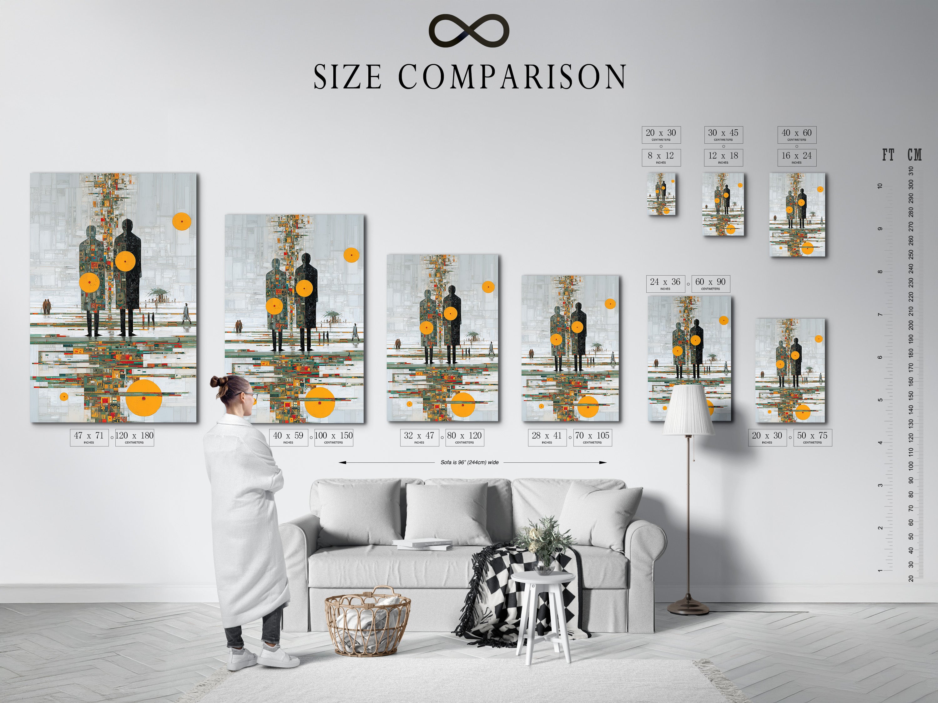Size comparison chart in an interior setting. Featuring abstract human figures artwork with an orange circle. See how this contemporary canvas fits in different spaces. Perfect for planning your office wall decor. Choose the ideal size for your modern wall art needs.