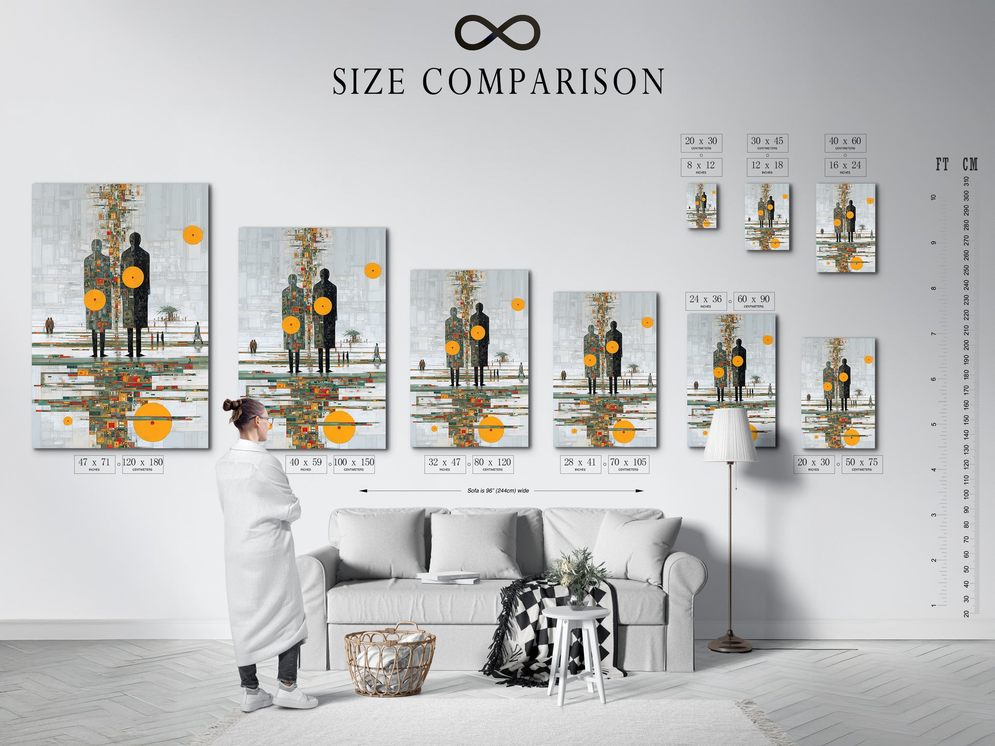 Size comparison chart in an interior setting. Featuring abstract human figures artwork with an orange circle. See how this contemporary canvas fits in different spaces. Perfect for planning your office wall decor. Choose the ideal size for your modern wall art needs.