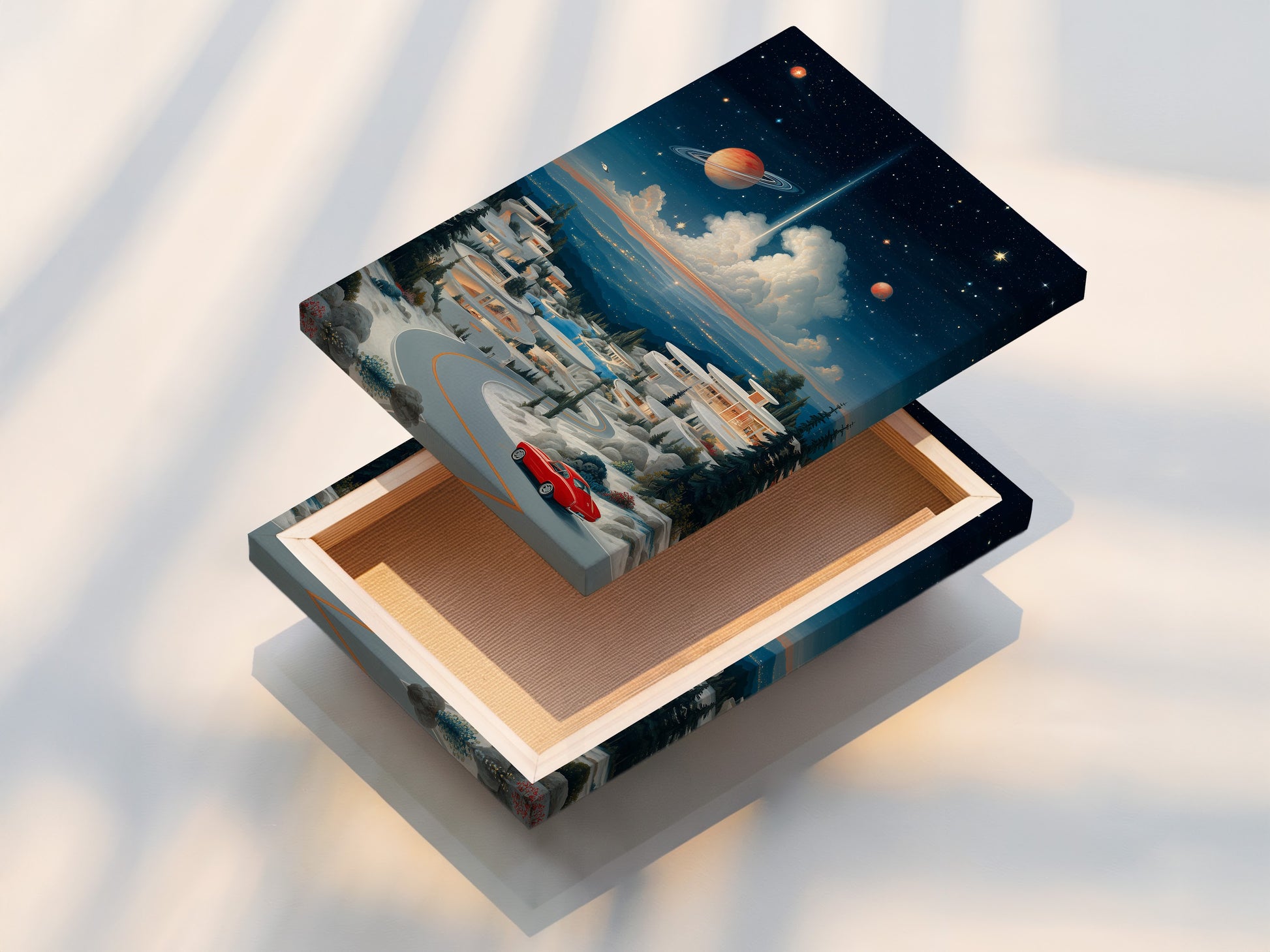 Stretched canvas print of a surreal space landscape artwork. Retro futuristic wall art is ready to hang. The cosmic village poster brings a unique touch to your home. Enjoy modern space art in your living room.