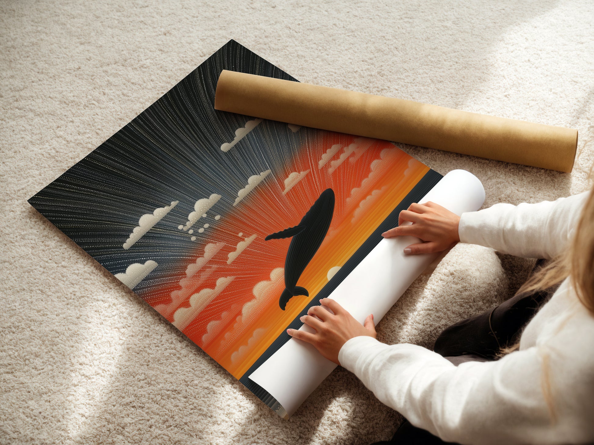 A woman is carefully rolling a fine art poster paper. This ensures the artwork remains in perfect condition. Our fine art paper enhances the artwork's details. It will provide a high-quality finish.