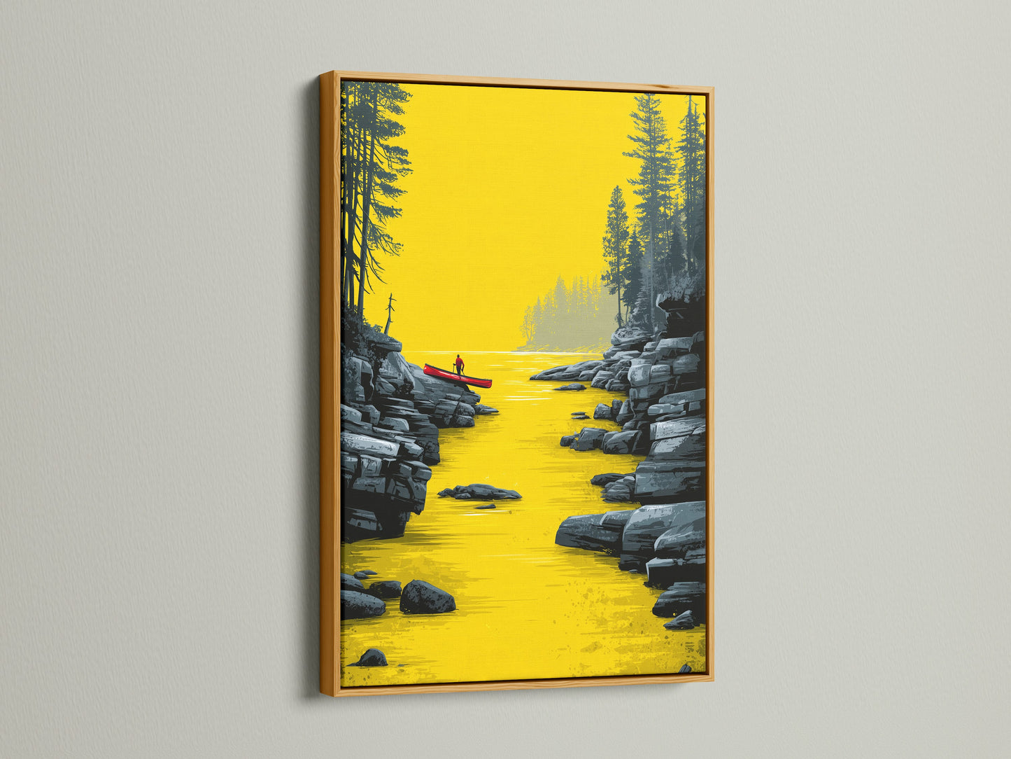River Kayak Canvas Artwork with a Gold Frame. The artwork features a serene river scene with a lone kayaker. Perfect modern landscape artwork for your office or living room. Elevate your space with this golden yellow wall art today.