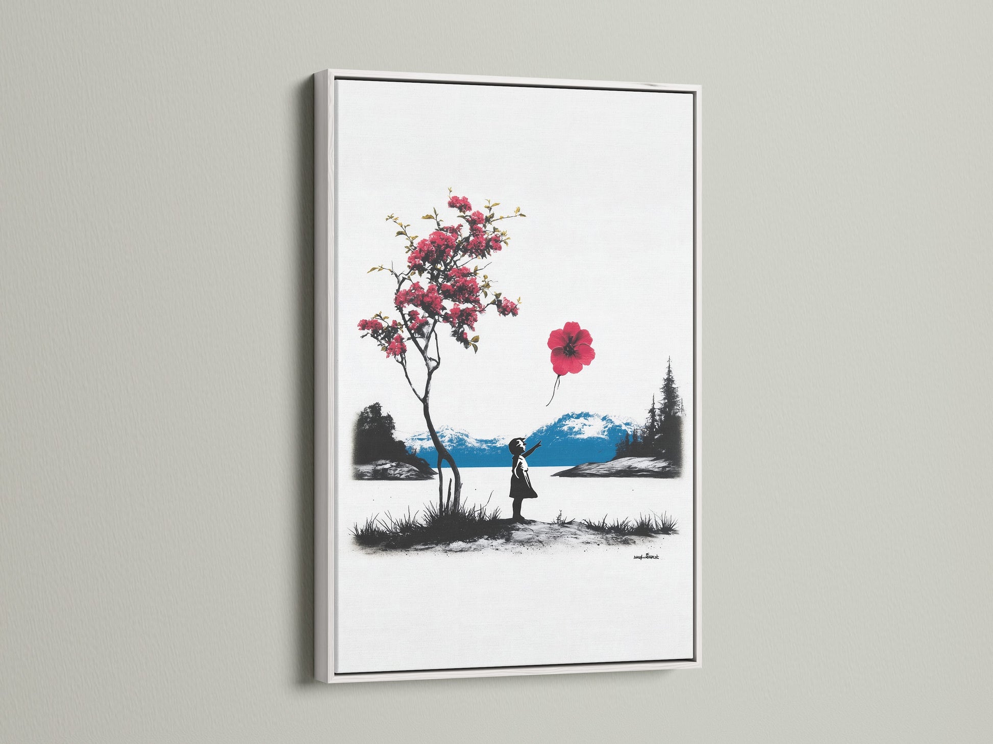 Artwork framed in a clean white frame. The white frame offers a fresh modern look. It allows the artwork to stand out. Ideal for contemporary spaces. White frames provide a gallery-like feel. Showcase your art beautifully.