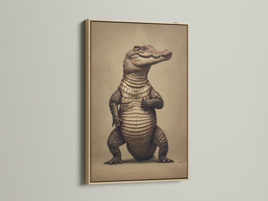 This sepia wildlife poster features an alligator in an oak frame. It is ideal for adding a rustic touch to your man cave or office. The vintage animal artwork brings a unique charm. Discover the elegance of this reptile print today.