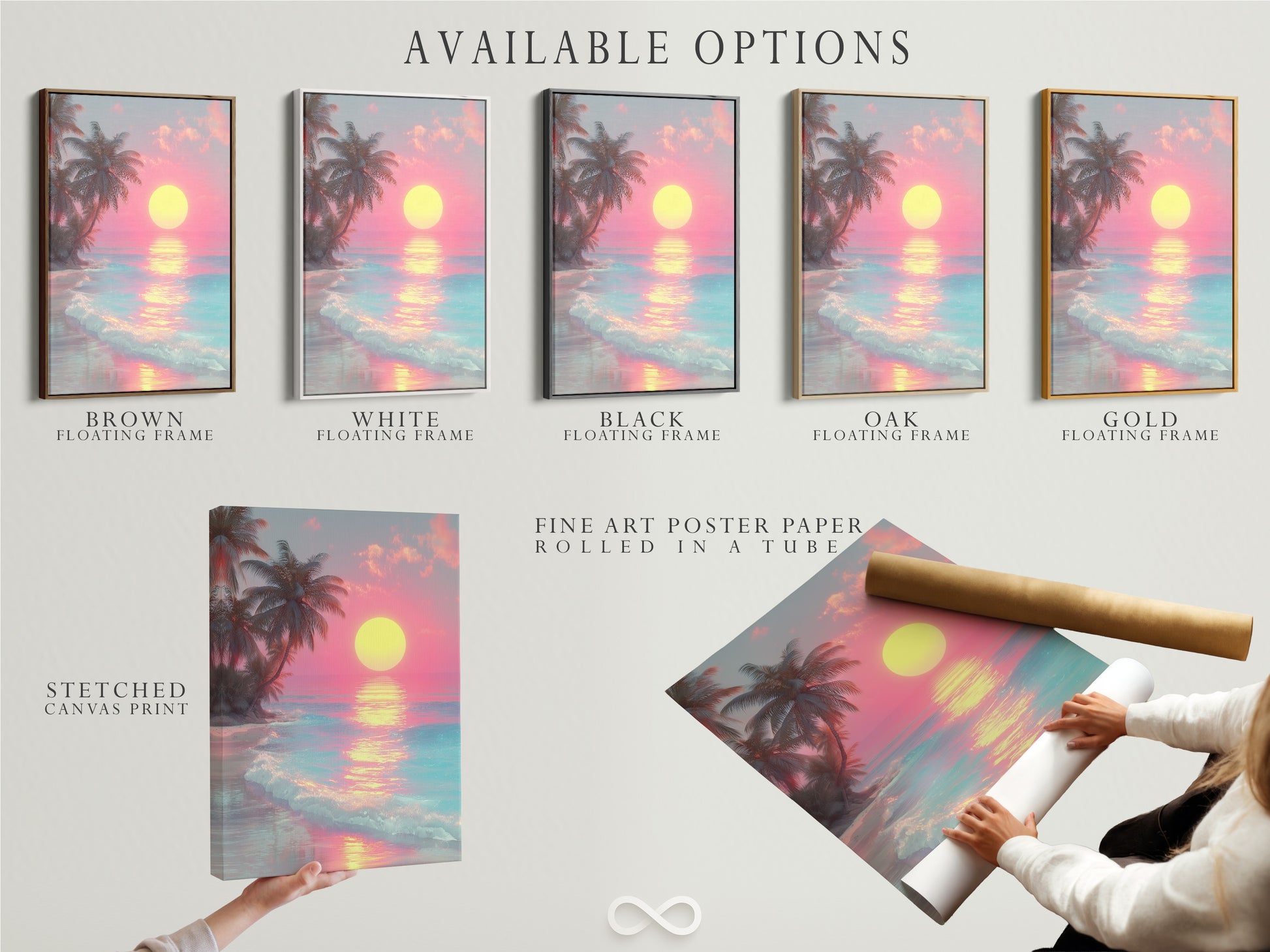 Available options for displaying your art. Choose from a stretched canvas print. Fine art poster paper or a floating frame. Each option offers a unique way to showcase your favorite artwork. Customize your display.