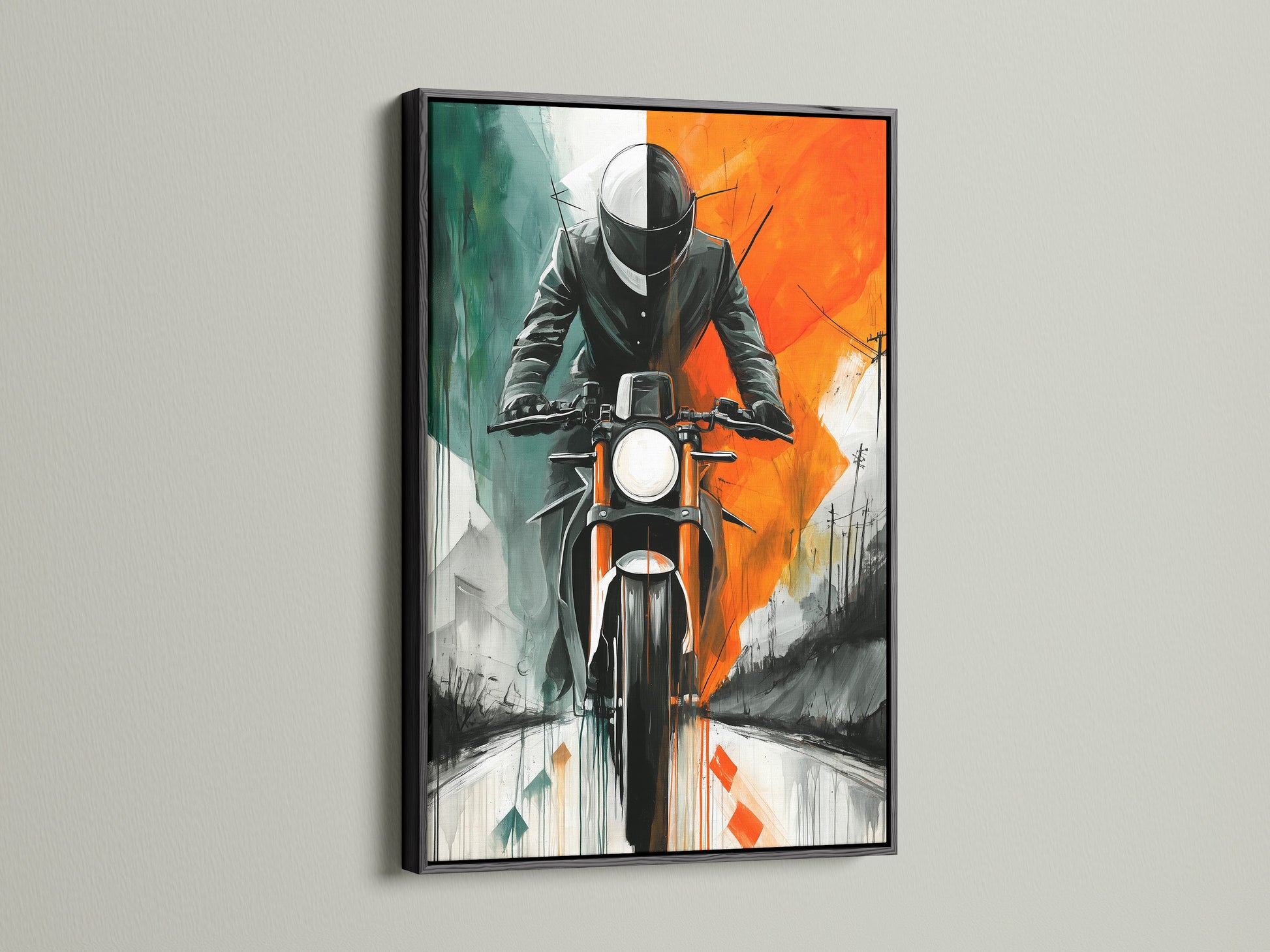 Biker Wall Art with Black Frame. This motorcycle poster is elegantly framed in black. The orange and teal art creates a bold statement. Enhance your man cave decor or garage with this vintage wall art. Perfect for industrial minimalist or modern styles.