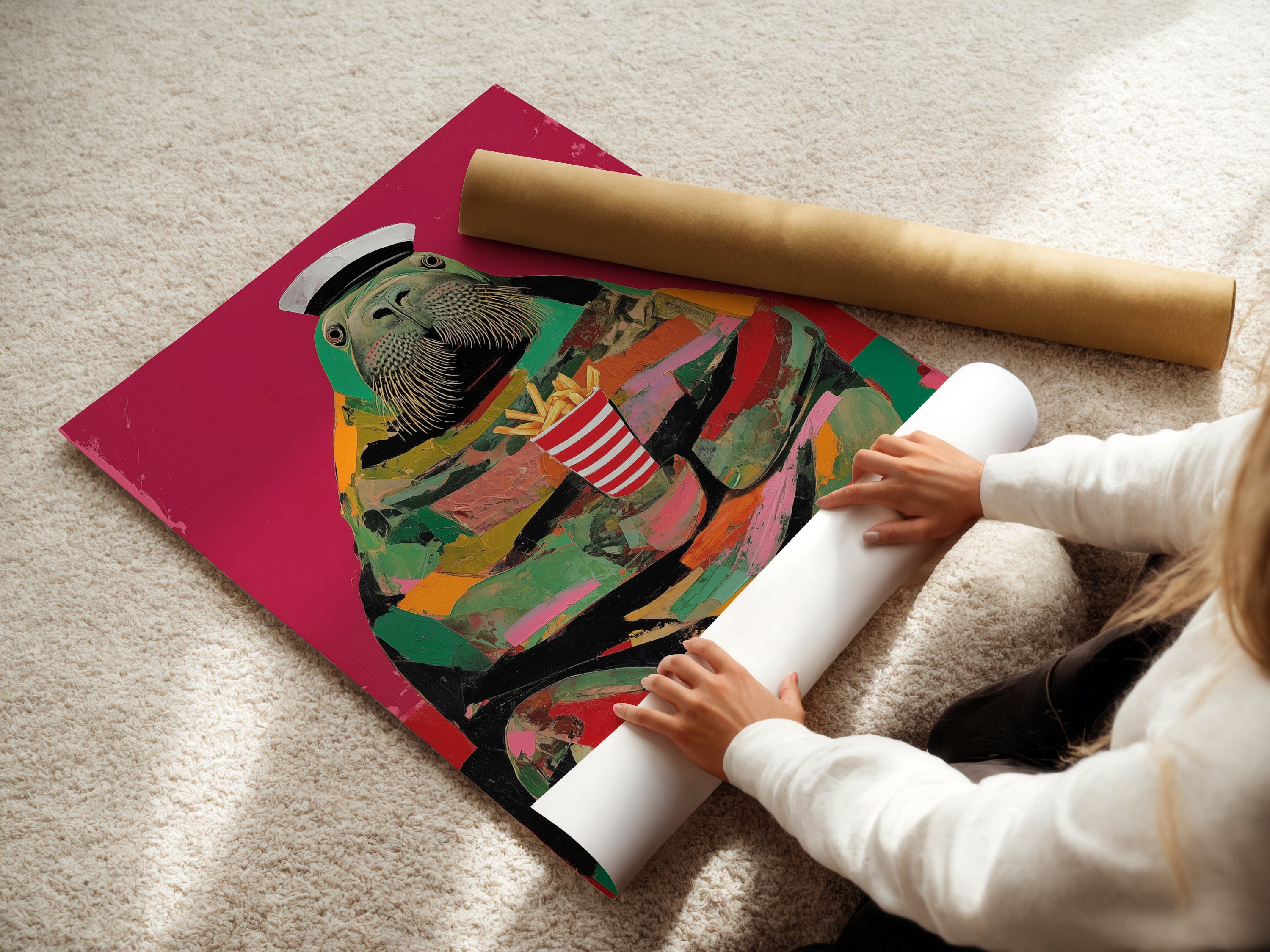 A woman rolling a fine art poster paper. Preparing a Walrus Sailor art print for display. This quirky pop art wall decor will bring a smile. Get your colorful animal art ready for your home.