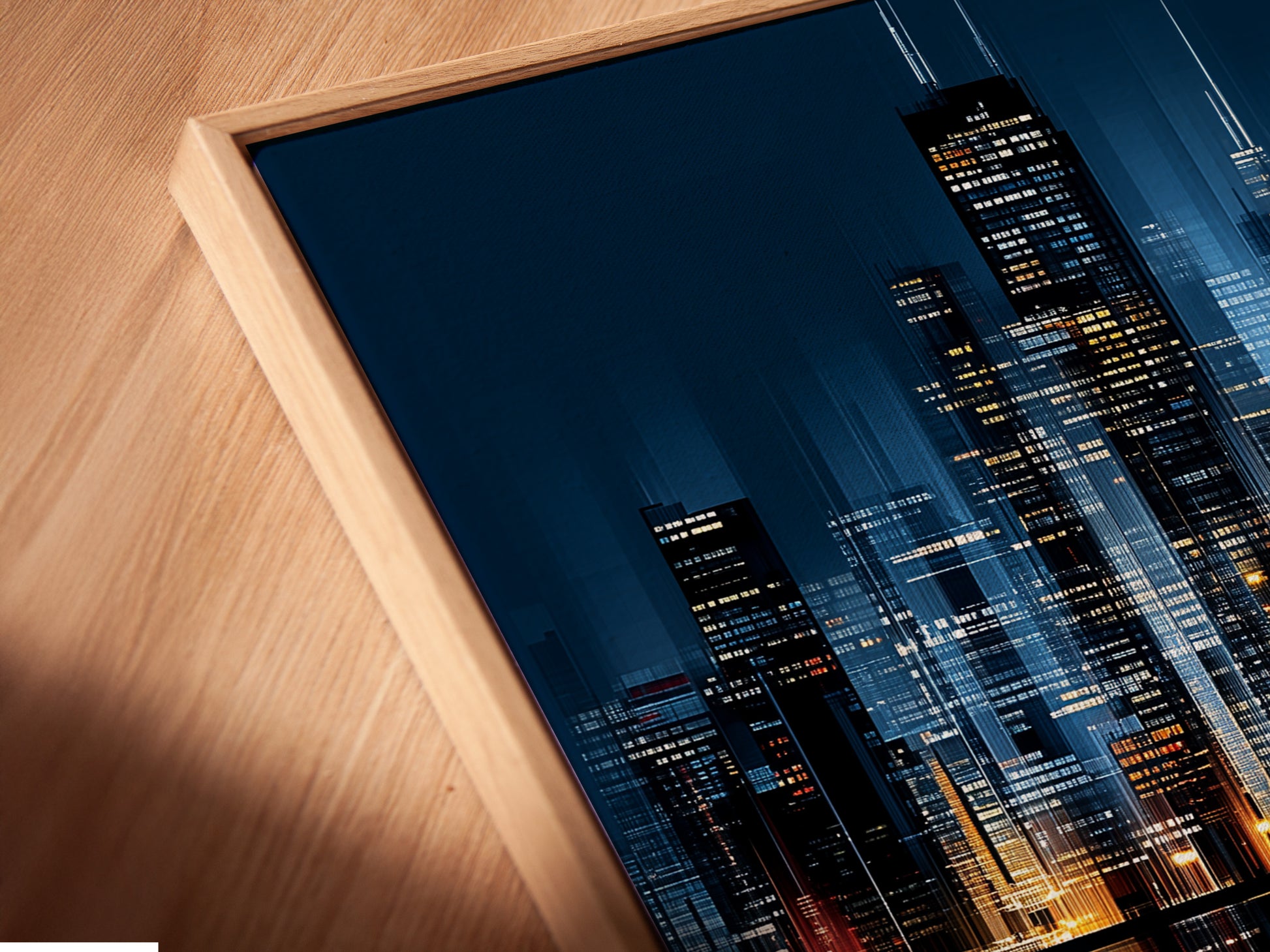 A close up showcases the Chicago skyline canvas print in a floating frame. The frame creates a modern gallery like look. The urban wall art is perfect for living rooms bedrooms and offices. The piece brings cityscape art to life.