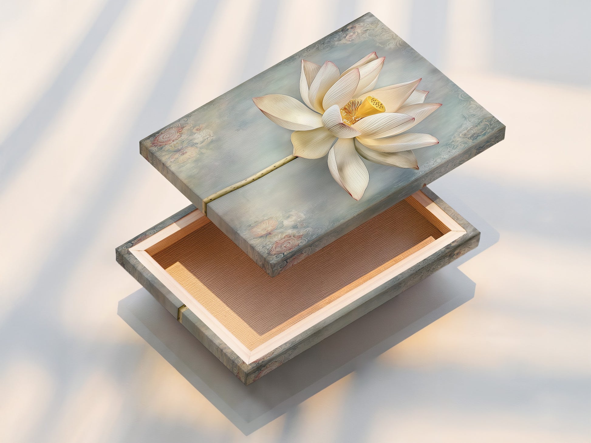 Stretched canvas print of a lotus flower. Modern botanical artwork for minimalist and scandinavian styles. Calming zen wall art is great for living rooms bedrooms yoga studios spas and wellness centers.