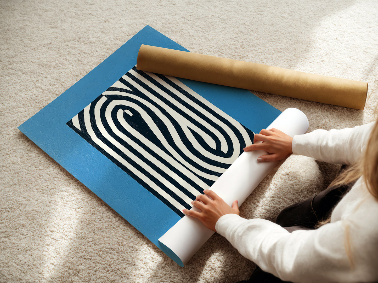 A woman is carefully rolling a fine art poster paper. She is preparing it for framing or display. The poster paper is high-quality. Ideal for showcasing your favorite artwork. Learn about our fine art poster options for your art prints.