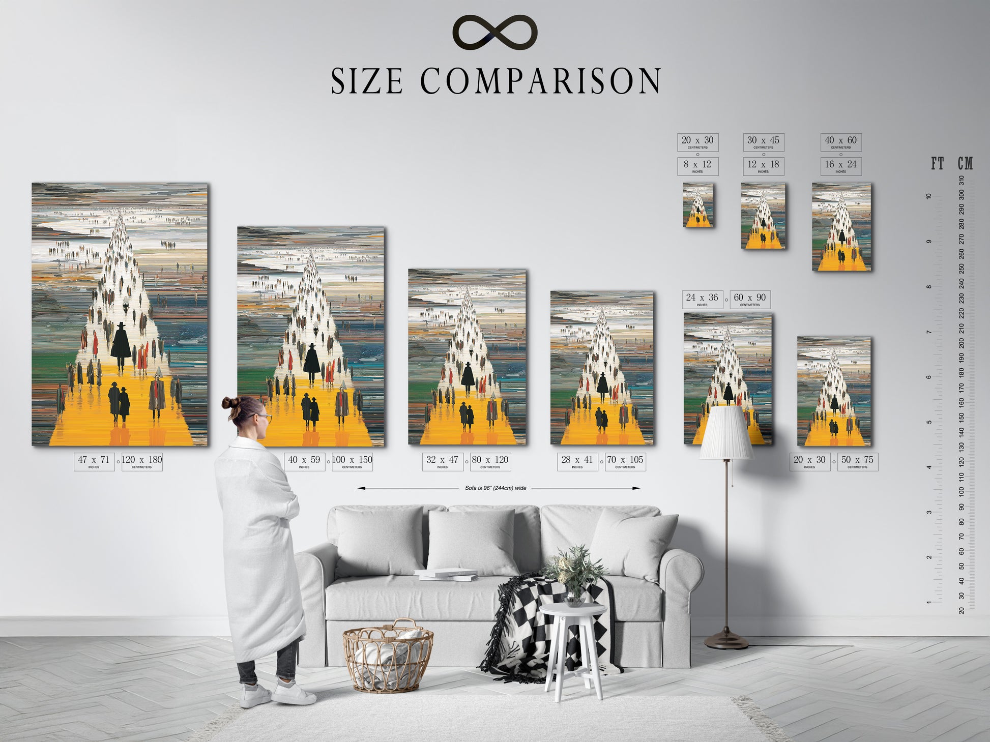 A size comparison chart is displayed in an interior setting. See how the abstract figures art fits your space. This modern silhouette wall art enhances any room. Choose the perfect size for your contemporary print today.