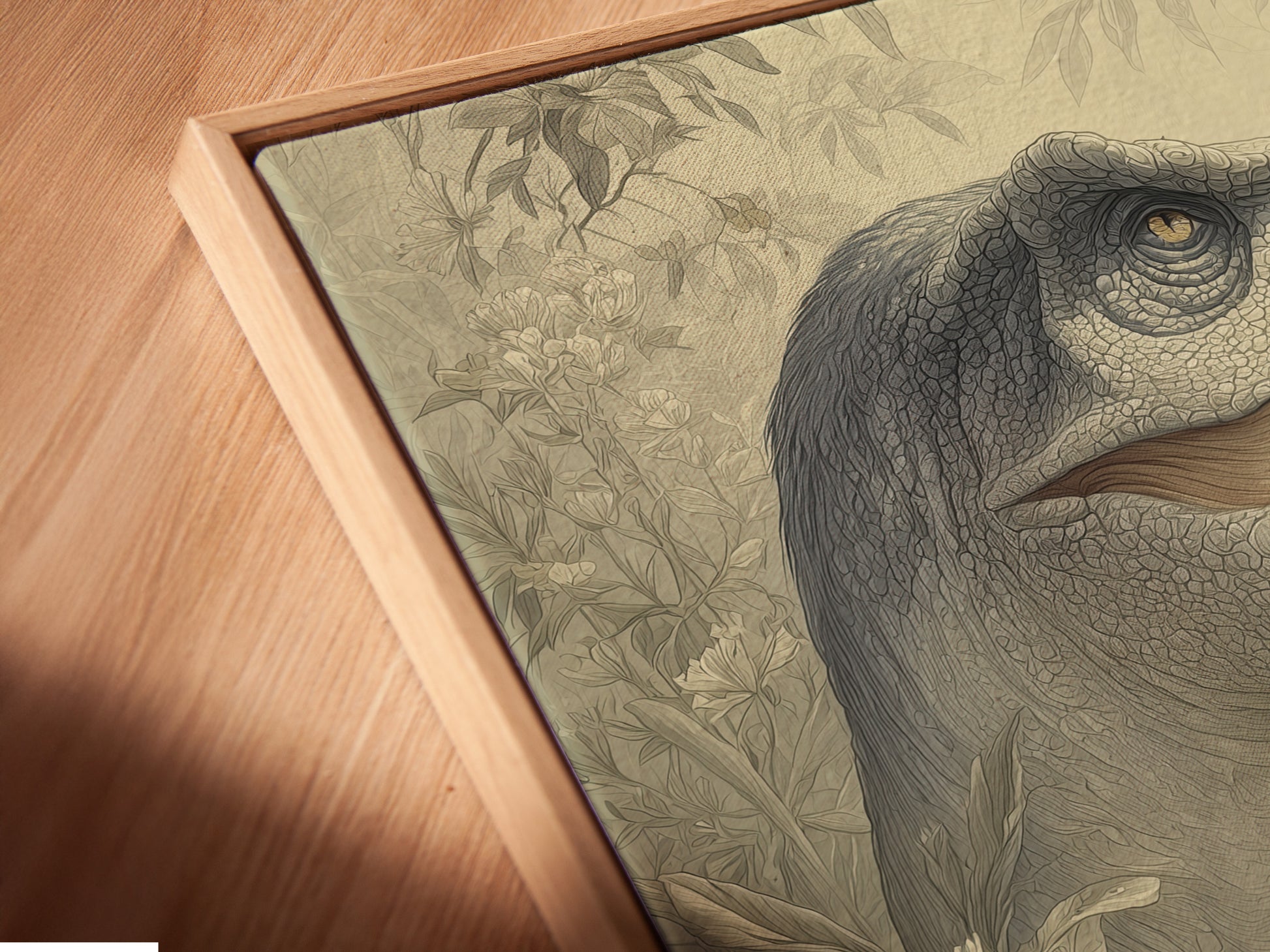 An angled close up of a canvas print in a floating frame. The floating frame enhances depth to the artwork. It creates a gallery like presentation. Explore our floating frame options for a unique display.