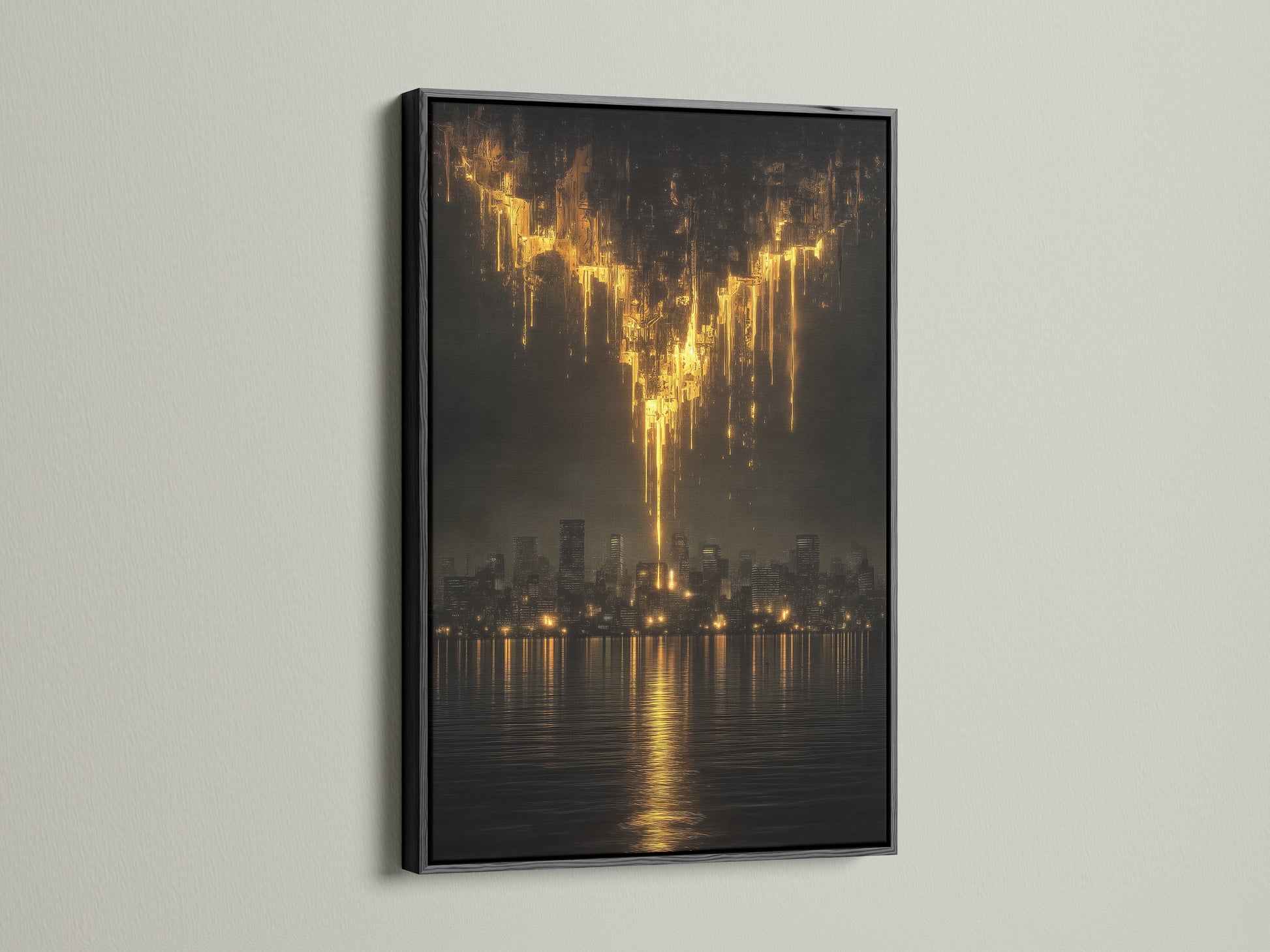 View the golden city skyline artwork in a black frame. This urban canvas print offers a bold contrast. Ideal for modern office art and dark abstract art. The abstract skyline and golden wall decor create a striking visual. Enhance your space with this moody cityscape.