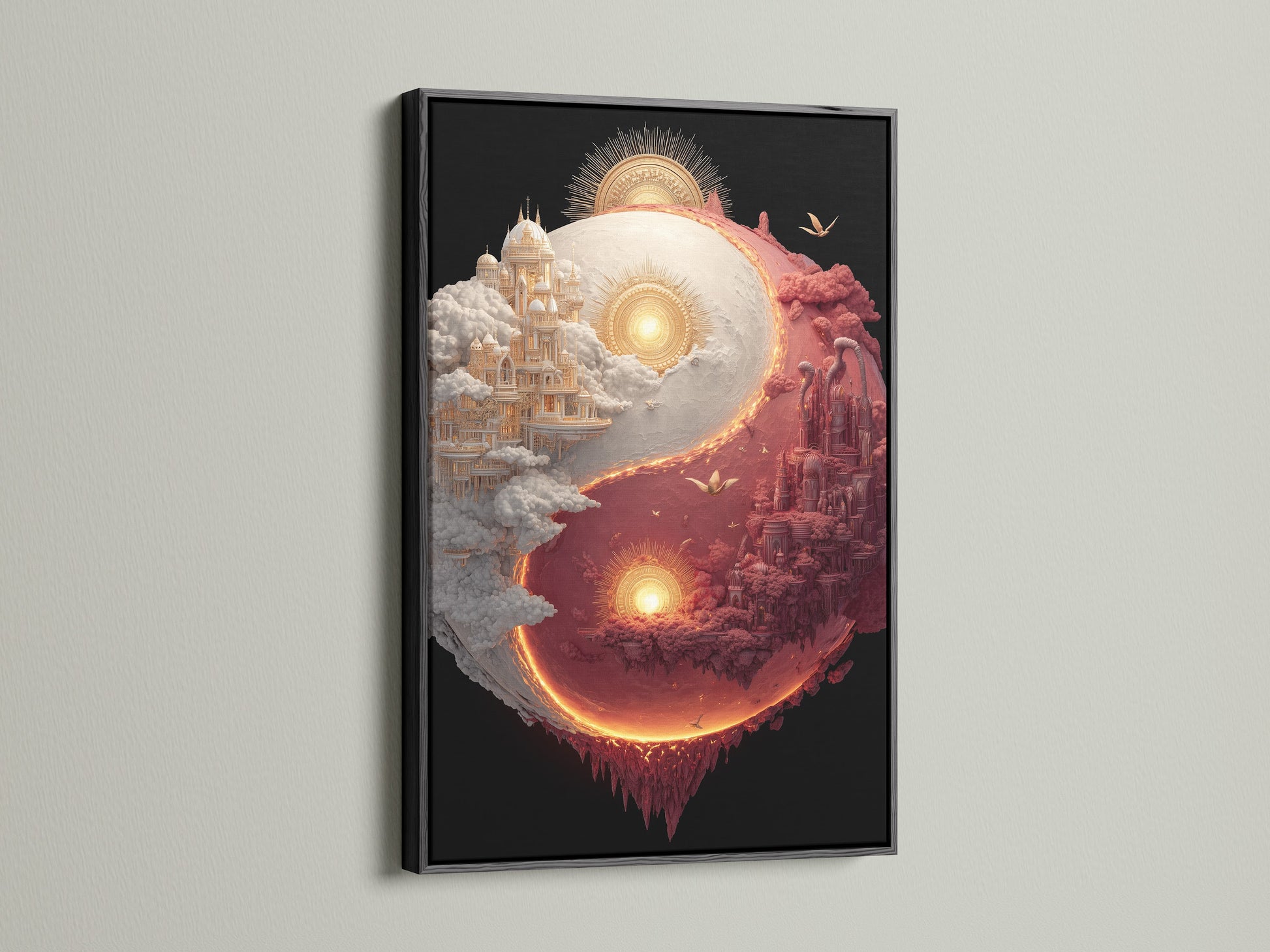 Yin and Yang art in a black frame. The artwork shows two castles. One is white and the other is red. They form a yin and yang shape. Black frames add a touch of sophistication to any artwork.