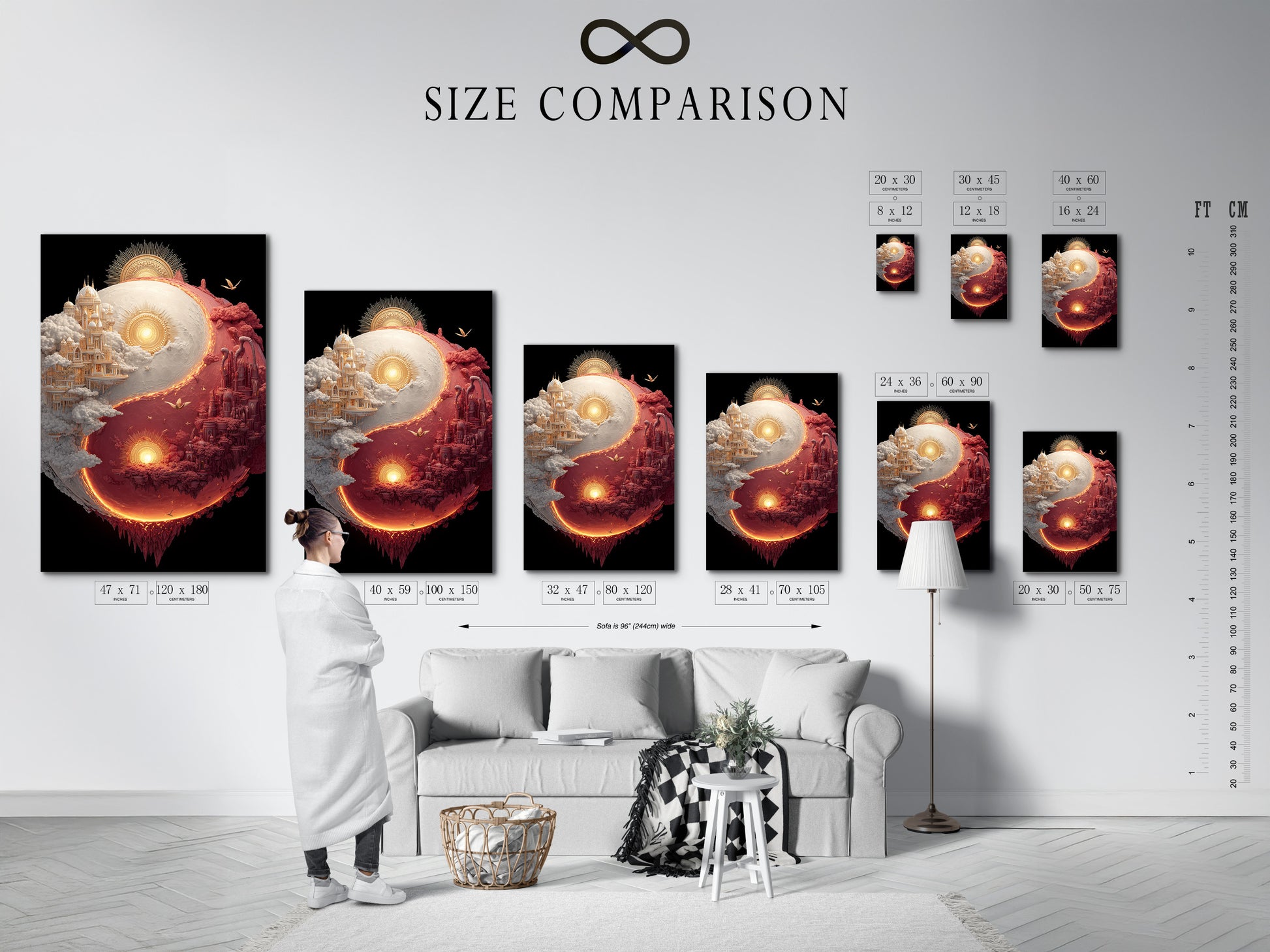 The image shows a size comparison chart in an interior setting. This chart helps you visualize art sizes. See how different sizes look in a room. Choose the perfect size for your space with our comparison chart.