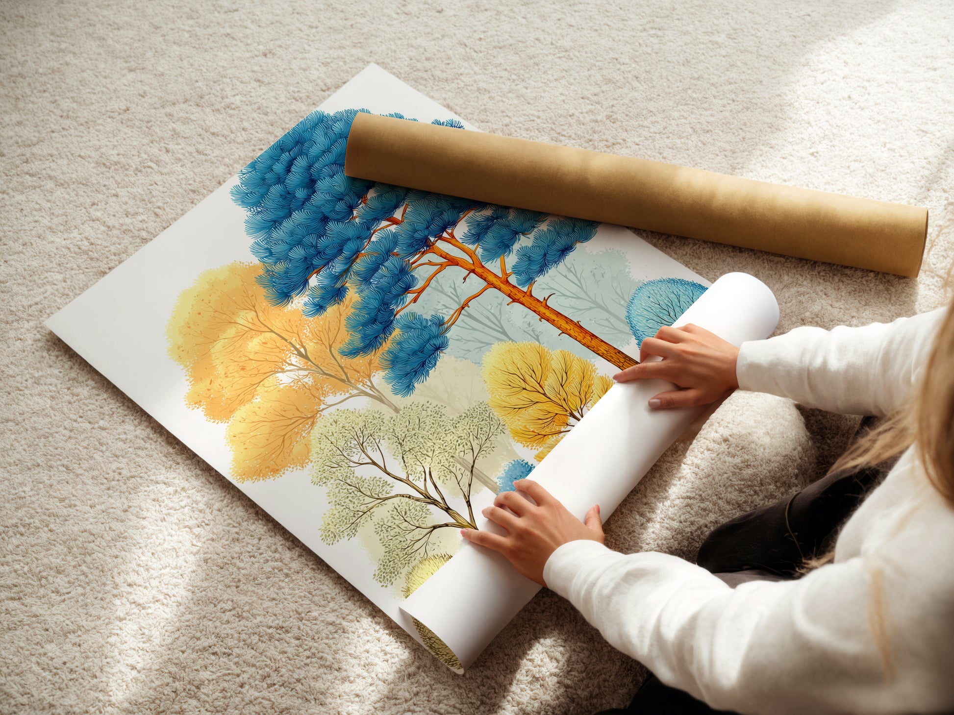 A woman is carefully rolling a fine art poster paper print. The print features modern woodland art with colorful trees. High-quality materials ensure a stunning abstract print. Perfect for adding a touch of nature to your space. Explore our collection today.