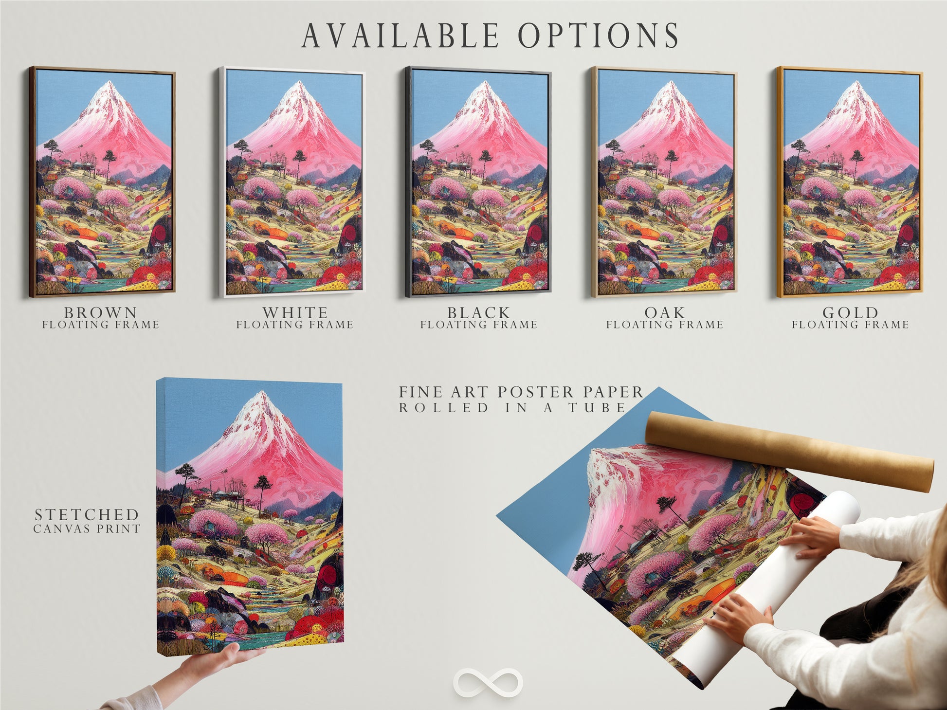 Discover available options for your Mount Fuji artwork. Choose between a stretched canvas print fine art poster paper or a floating frame. Tailor your artwork to match your personal style and decor. Enhance your space with Asian-inspired wall art.