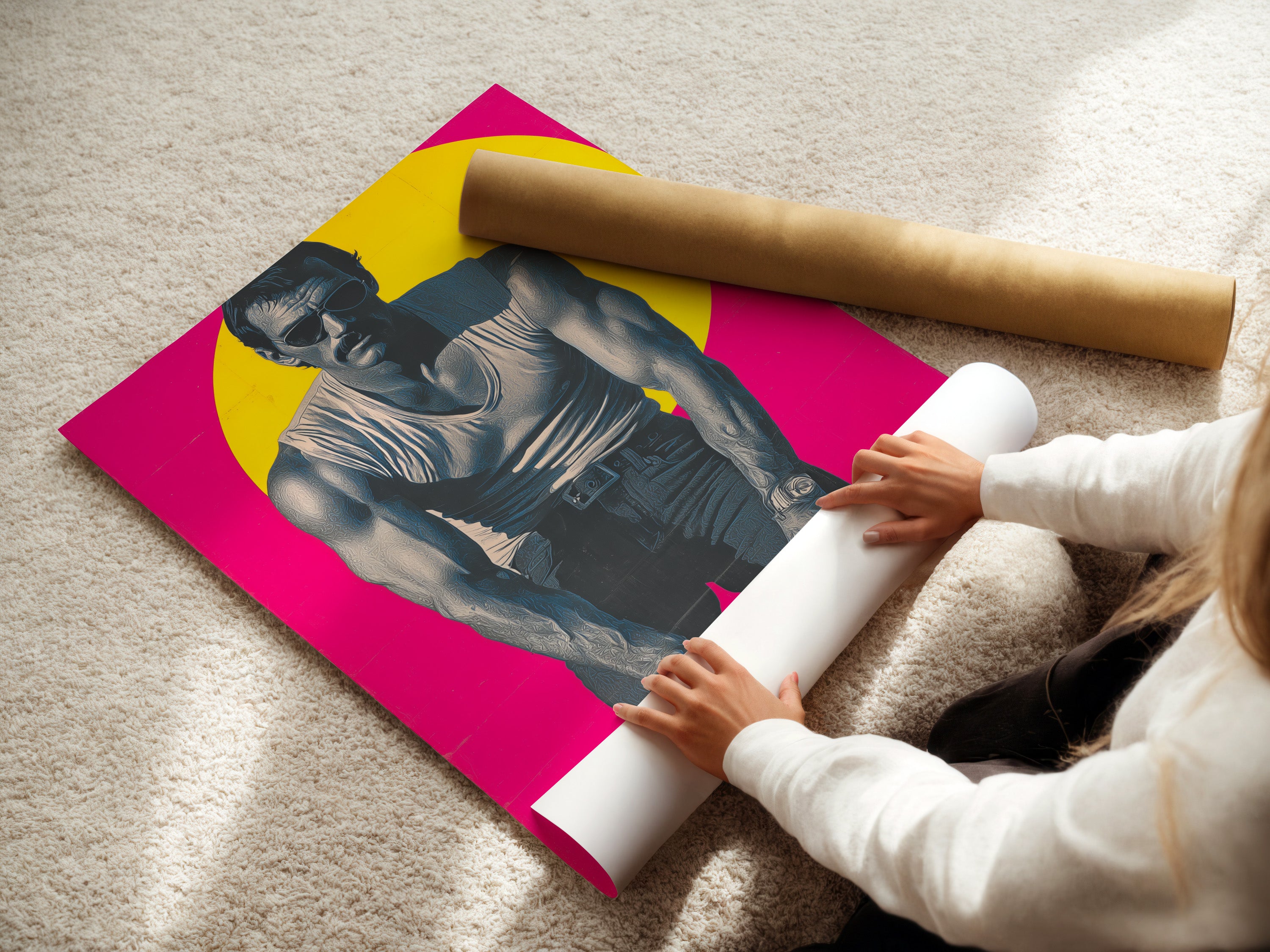 A woman carefully rolls a fine art poster paper. This magenta pink retro wall art is perfect for any space. Ideal for those seeking vintage man cave decor. The poster is ready to be framed and displayed adding 80s style to your walls.