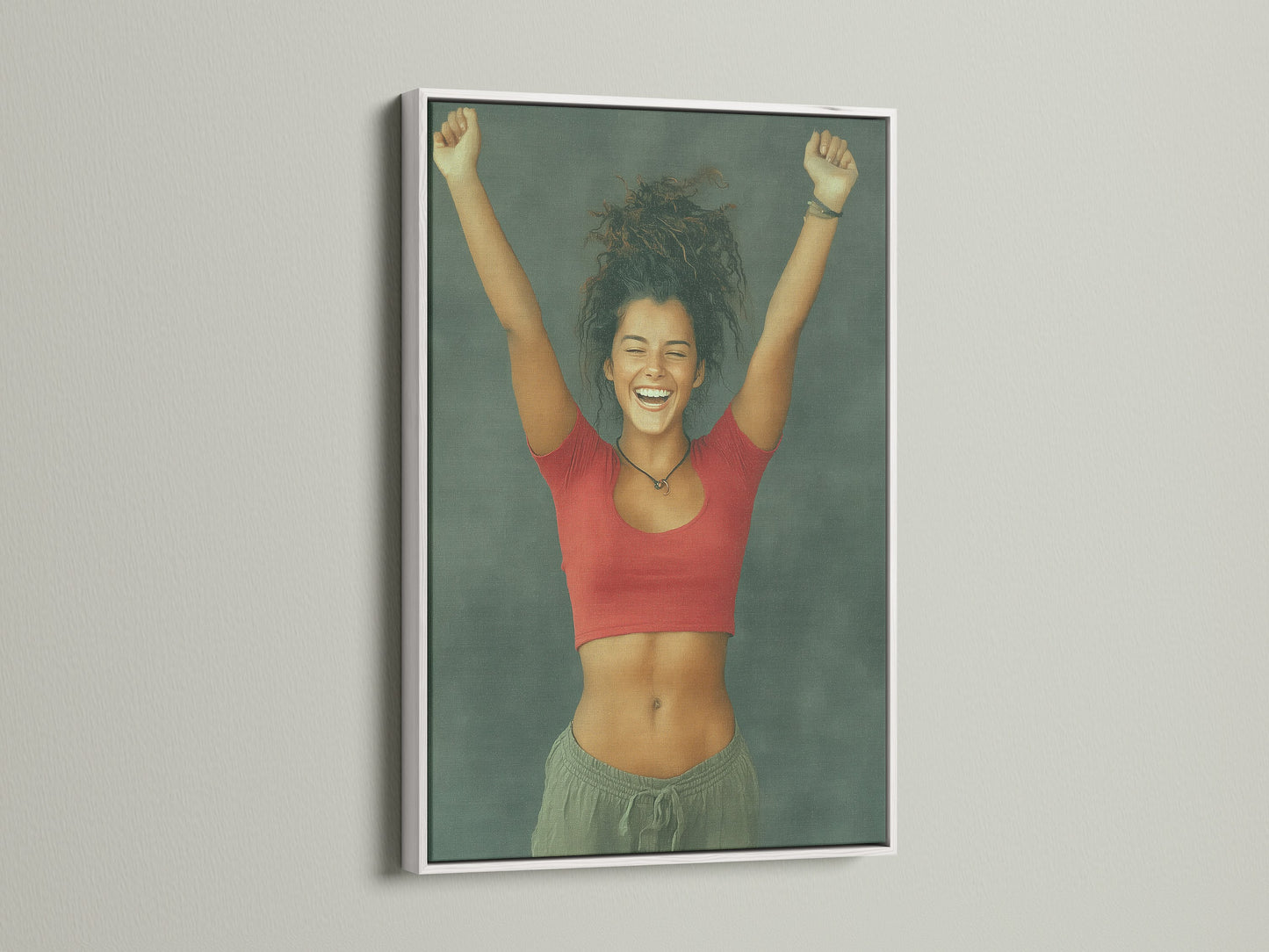 Euphoric Woman art in a white frame. This ecstatic woman portrait is perfect for upbeat decor.  Joyful print for positive vibes. A great addition to any teen lounge or creative studio.  Cheerful and modern wall art.