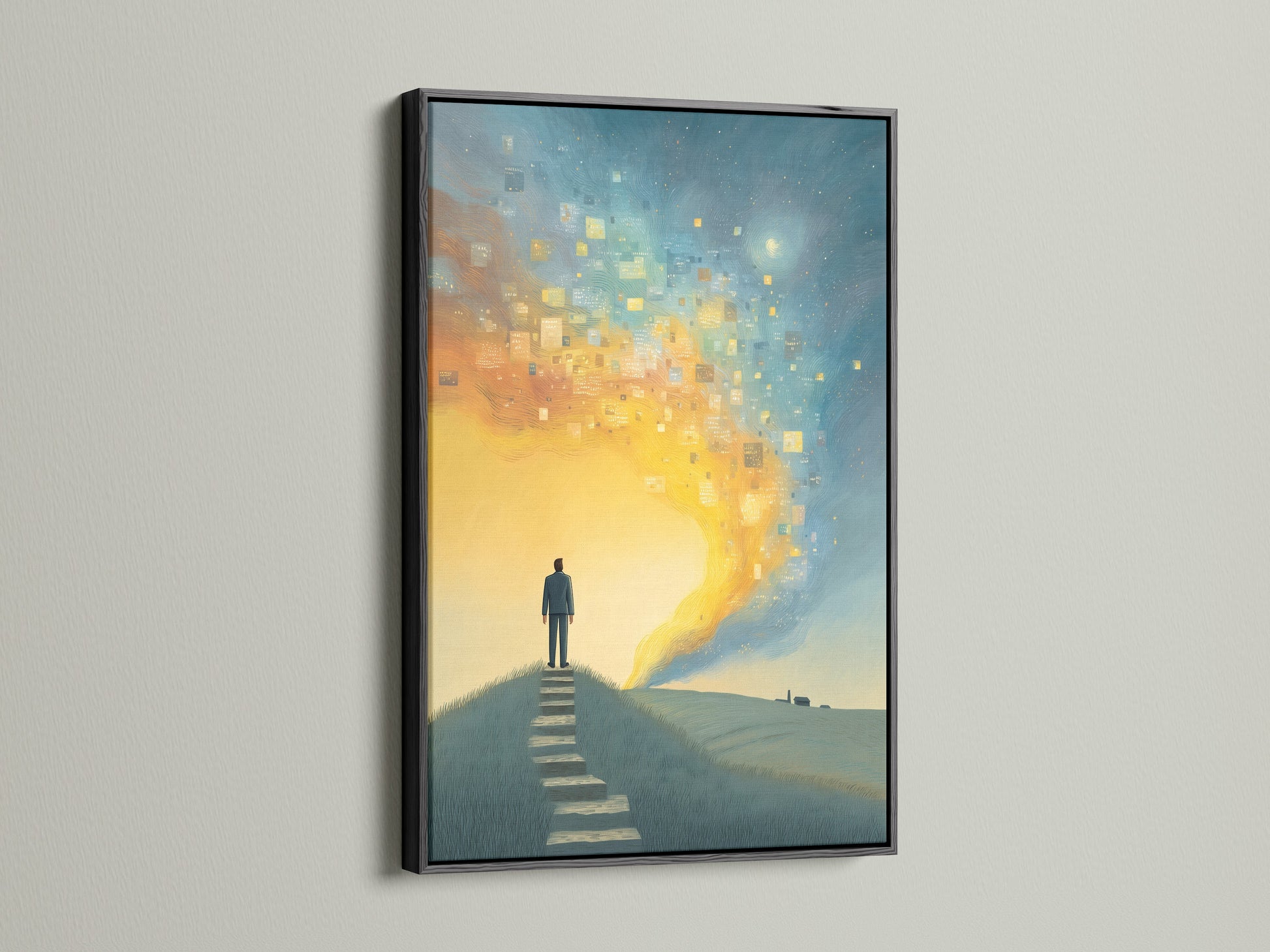 Surreal Journey canvas artwork with a black frame.  The artwork shows a figure silhouetted on a path. This black frame is a classic choice for any space.  Perfect for motivational decor in offices clinics or cafes.  It is a modern wall art for any space.