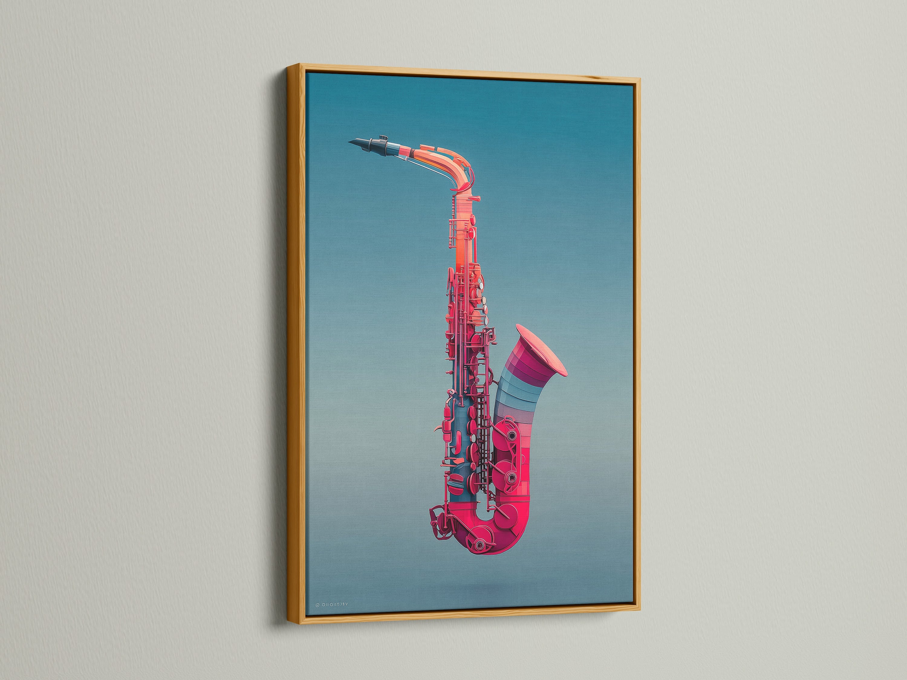 Observe a gold frame. It frames a vibrant saxophone artwork. This pink Jazz music wall art brings luxury. Enhance your home office with this instrument print. Itโs a modern music art. A great gift for musicians. Add sparkle to your space.