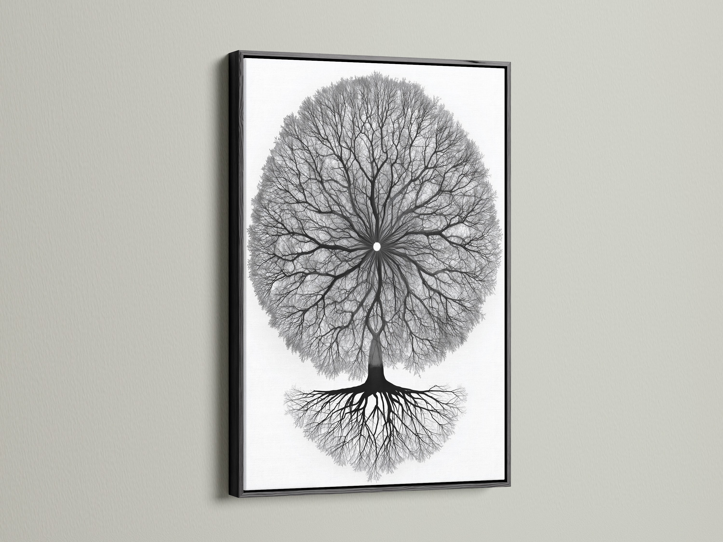 Tree of Life artwork with a black frame. This tree canvas print is a striking addition to any space. The minimalist tree art adds elegance. Suited for spas and wellness centers this spiritual decor promotes relaxation.