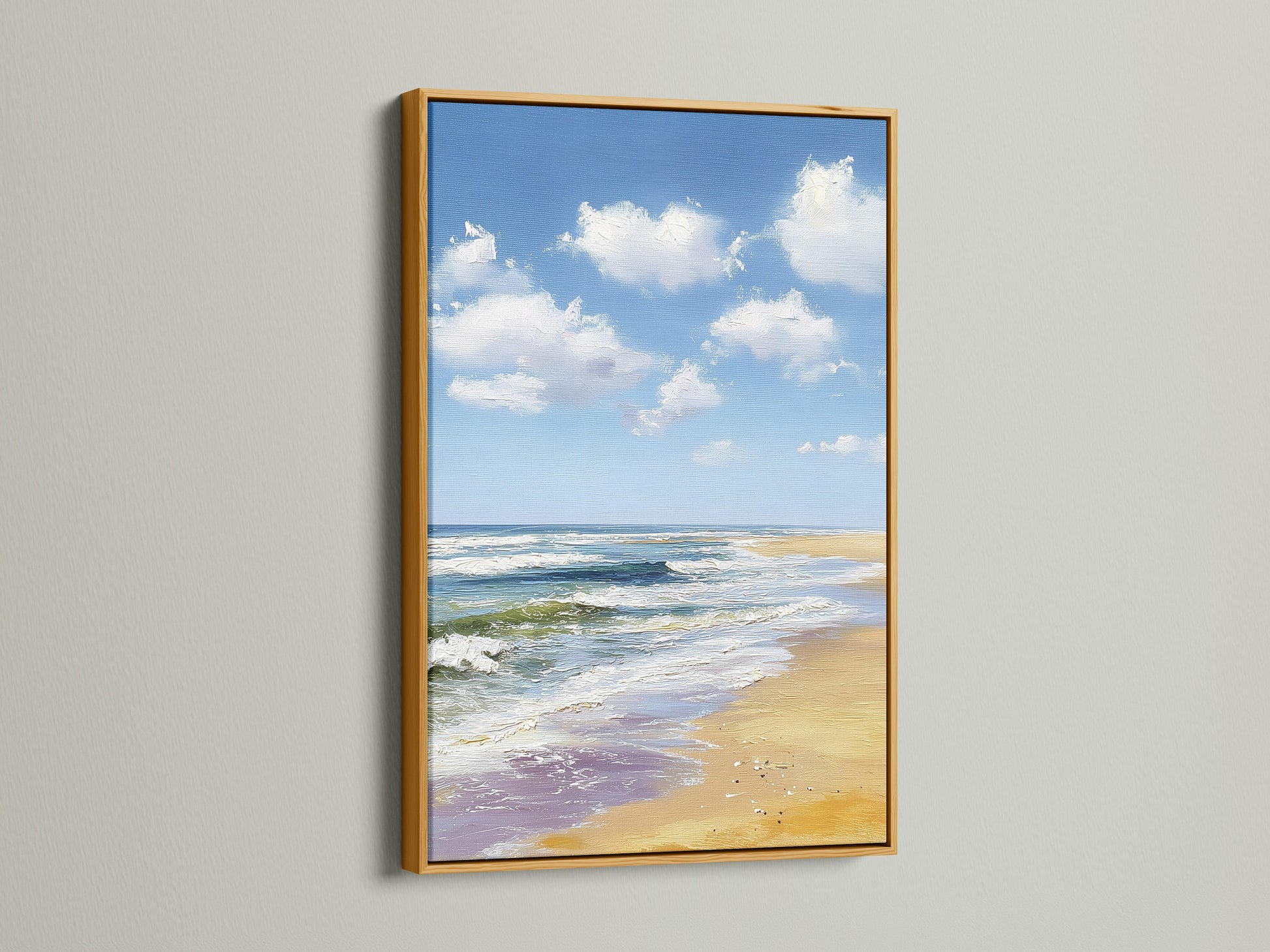 Elegant beach artwork. It is showcased in a luxurious gold frame. The gold frame exudes opulence. It enhances the artwork's richness. It is perfect for adding a touch of glamour to your decor.