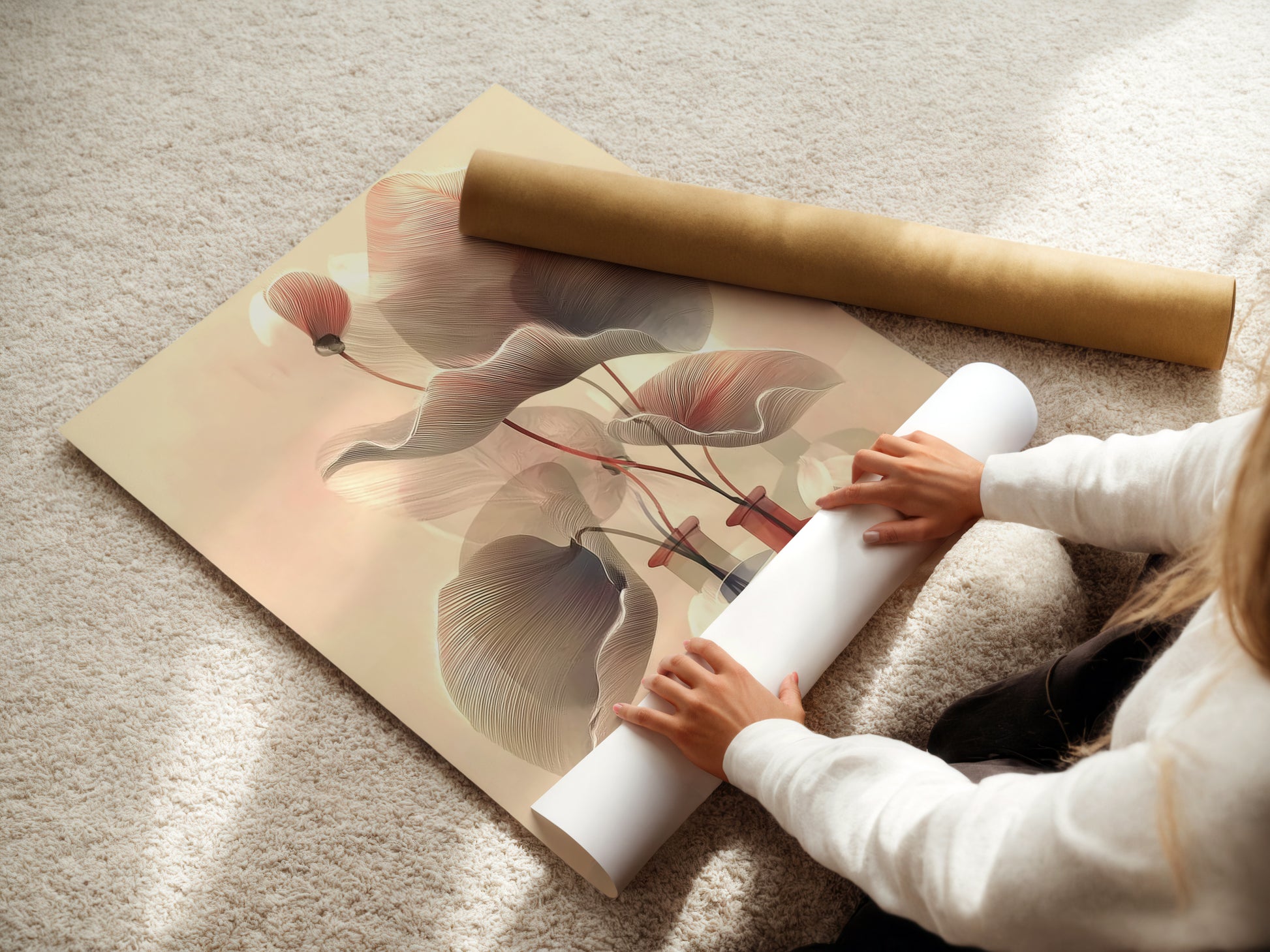 A woman is rolling a fine art poster paper. High-quality material for botanical line art prints. Perfect for creating custom flower artwork and abstract art. Ideal for those who appreciate neutral tones and minimalist art. Achieve the perfect scandi decor look.