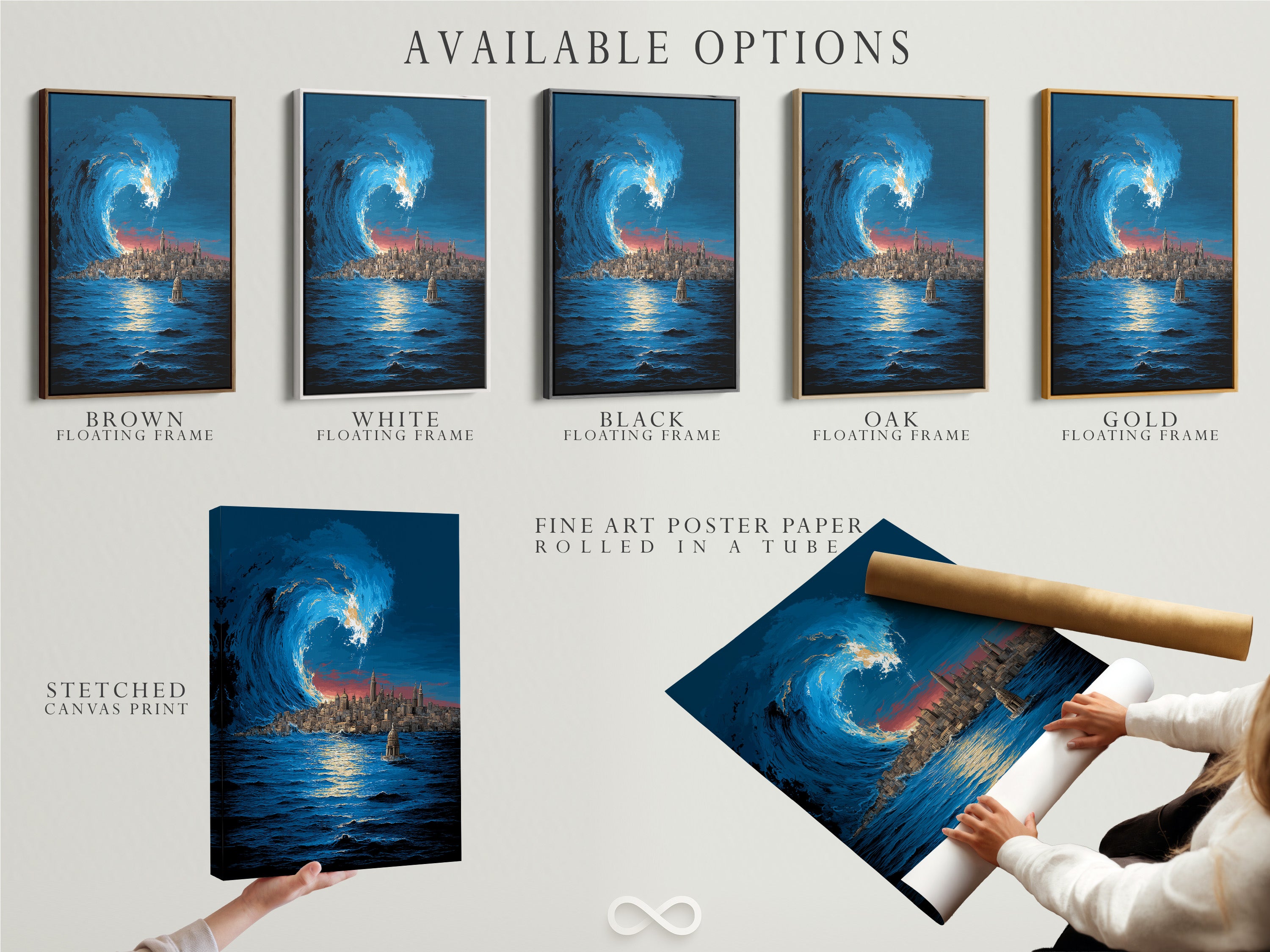 Various available options are showcased: a stretched canvas print. Also a fine art poster paper print and a floating frame. The artwork features an ocean wave with the NYC skyline. Choose the perfect format to match your style and decor preferences.