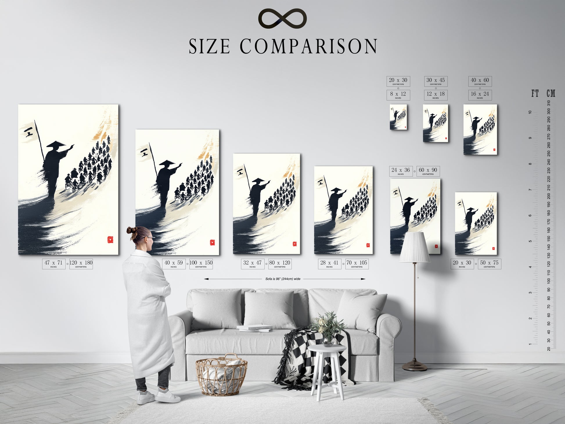 A size comparison chart is shown in an interior. The chart displays samurai artwork print dimensions. Choose the perfect size for your space. Options include canvas and poster prints. Ideal for living rooms and offices.