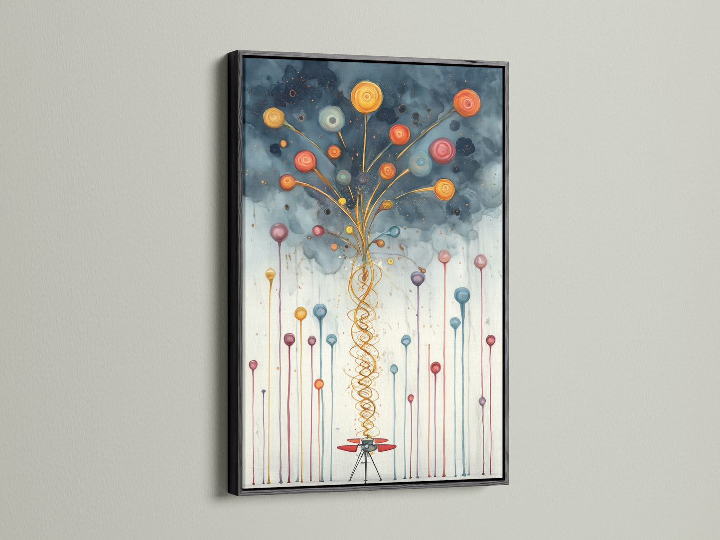 Black frame highlighting the abstract balloon canvas. Modern wall art with a playful twist. This colorful print is perfect for nurseries and playrooms. Add a contemporary touch to your kids room decor. Elevate your space with this fun artwork.